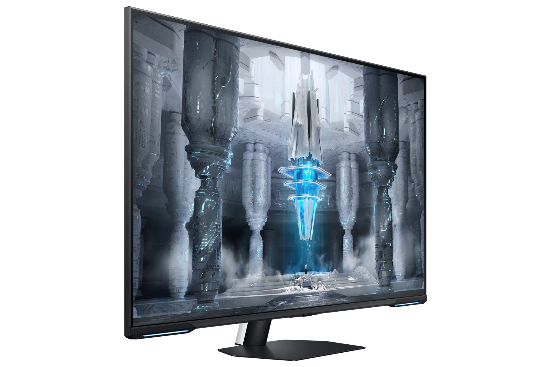 Osoba stoi przed świecącą kolumną w futurystycznej sali z kolumnami.