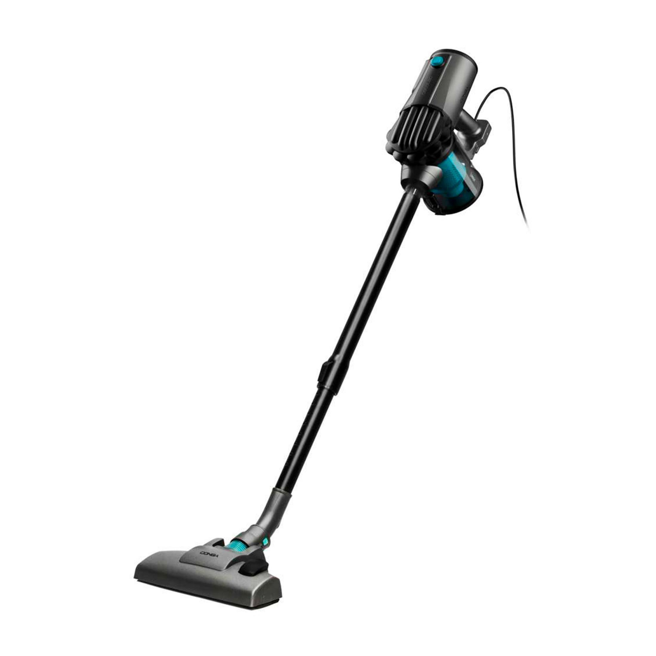 A lightweight, cordless vacuum cleaner in gray and blue stands against a white background.