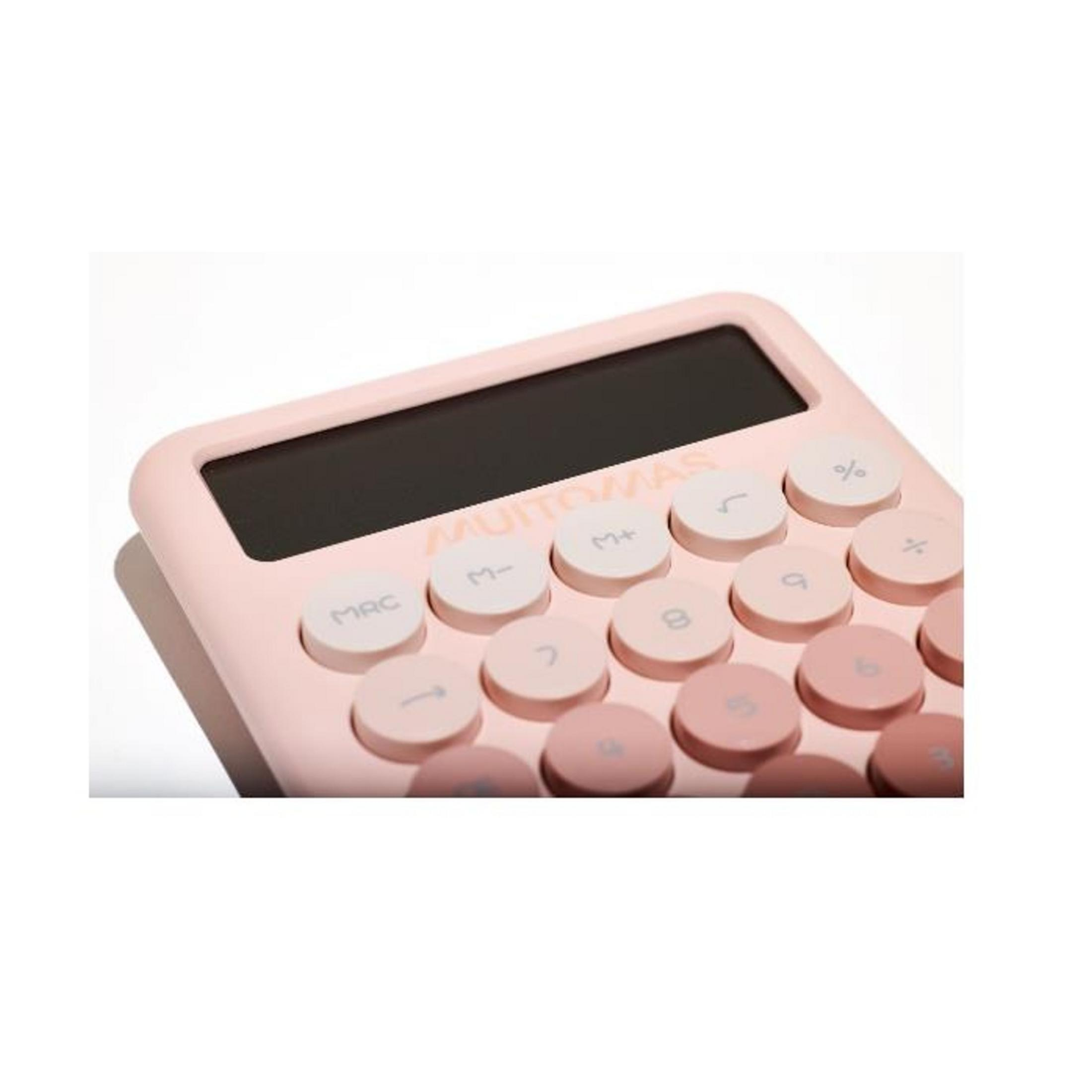 Siyah ekranlı ve yuvarlak düğmeli pembe bir hesap makinesi.