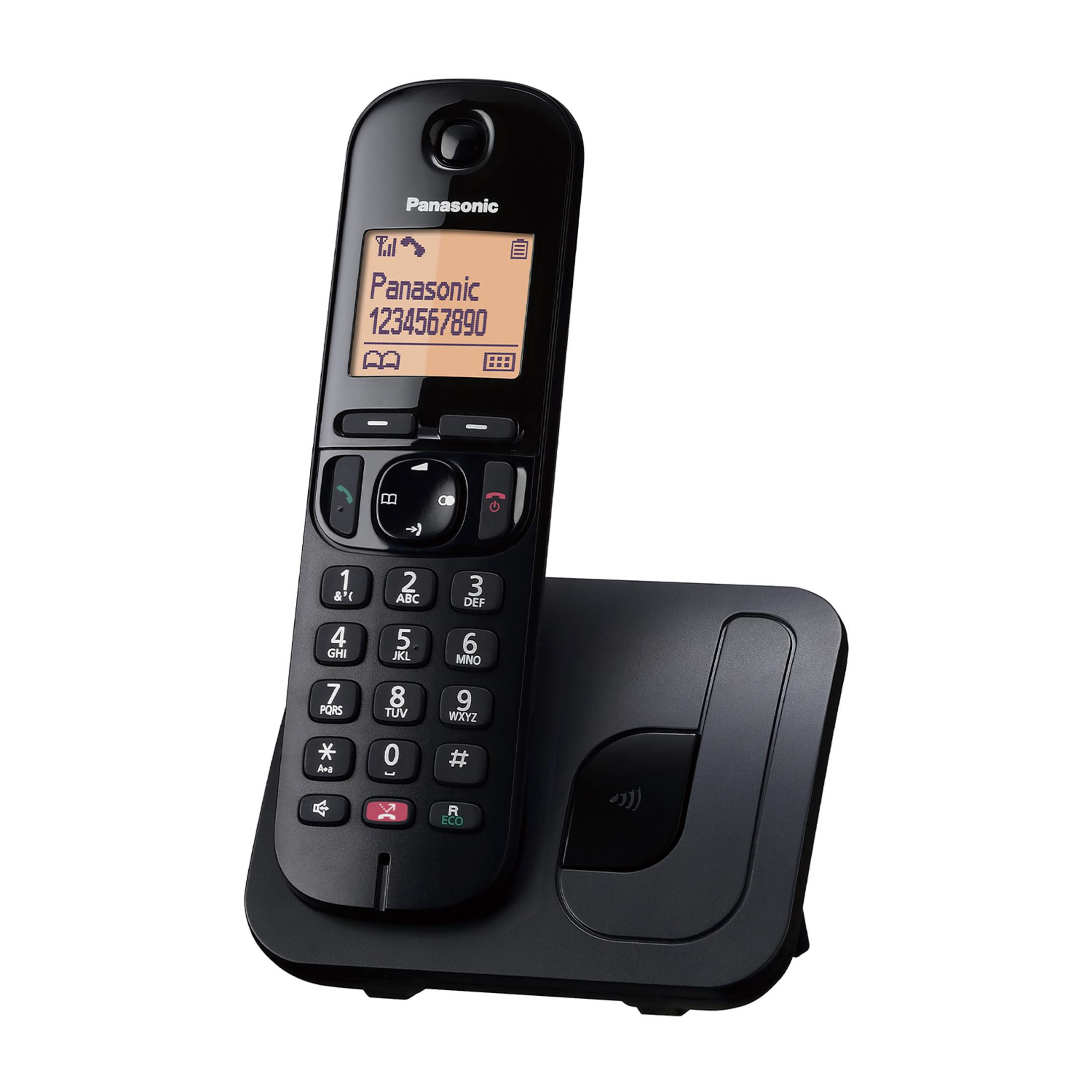 Ein schwarzes schnurloses Panasonic-Telefon auf seiner Ladestation.