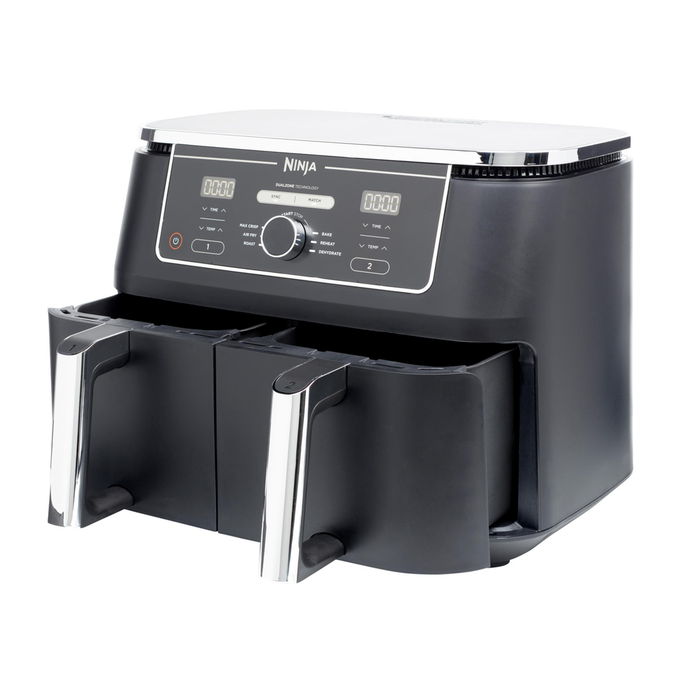 Czarna frytkownica beztłuszczowa Ninja DualZone z dwiema szufladami i cyfrowym wyświetlaczem.
