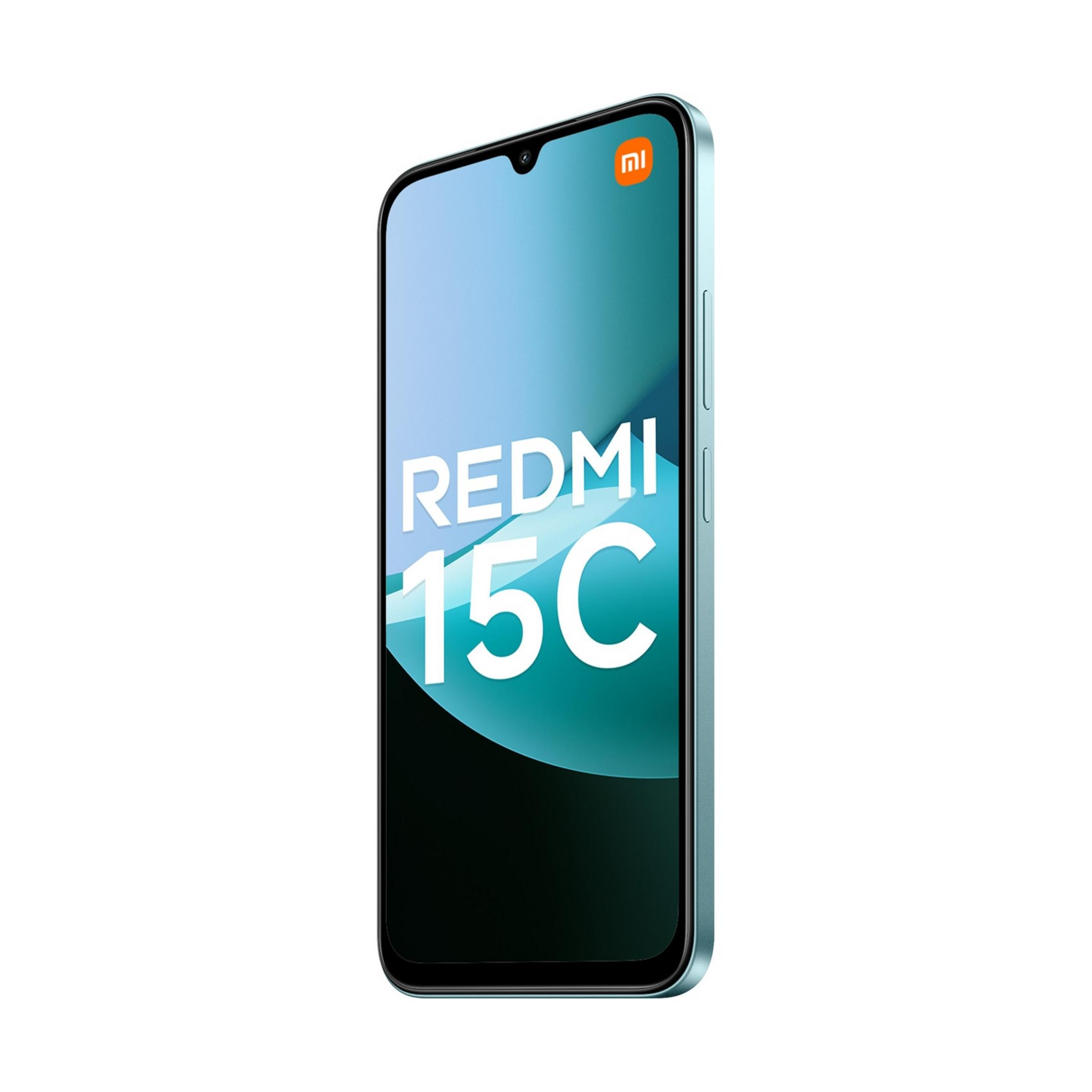Jasnoniebieski smartfon Redmi 15C z białym tekstem na ekranie.