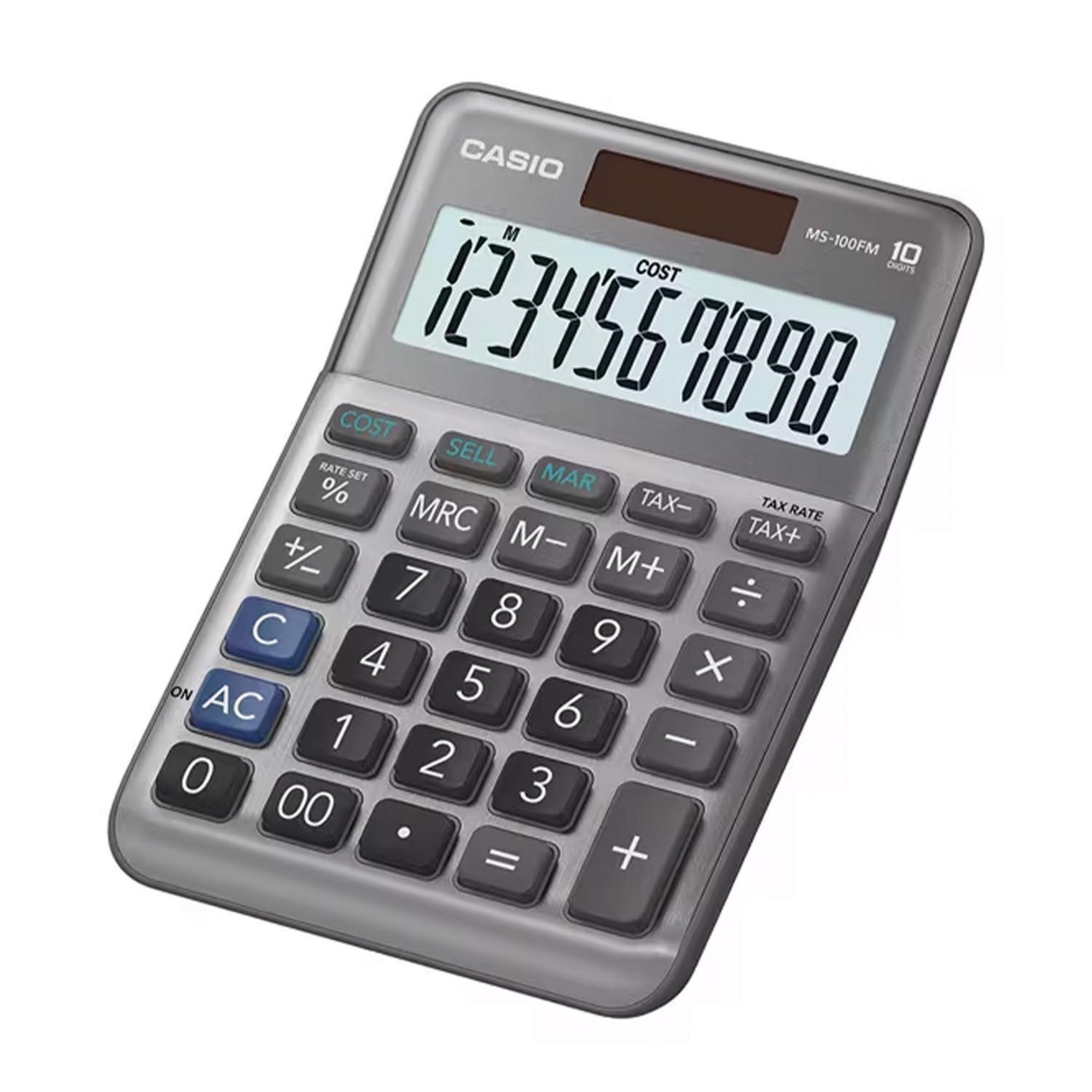 Szary kalkulator Casio z podświetlanym wyświetlaczem i przyciskami.