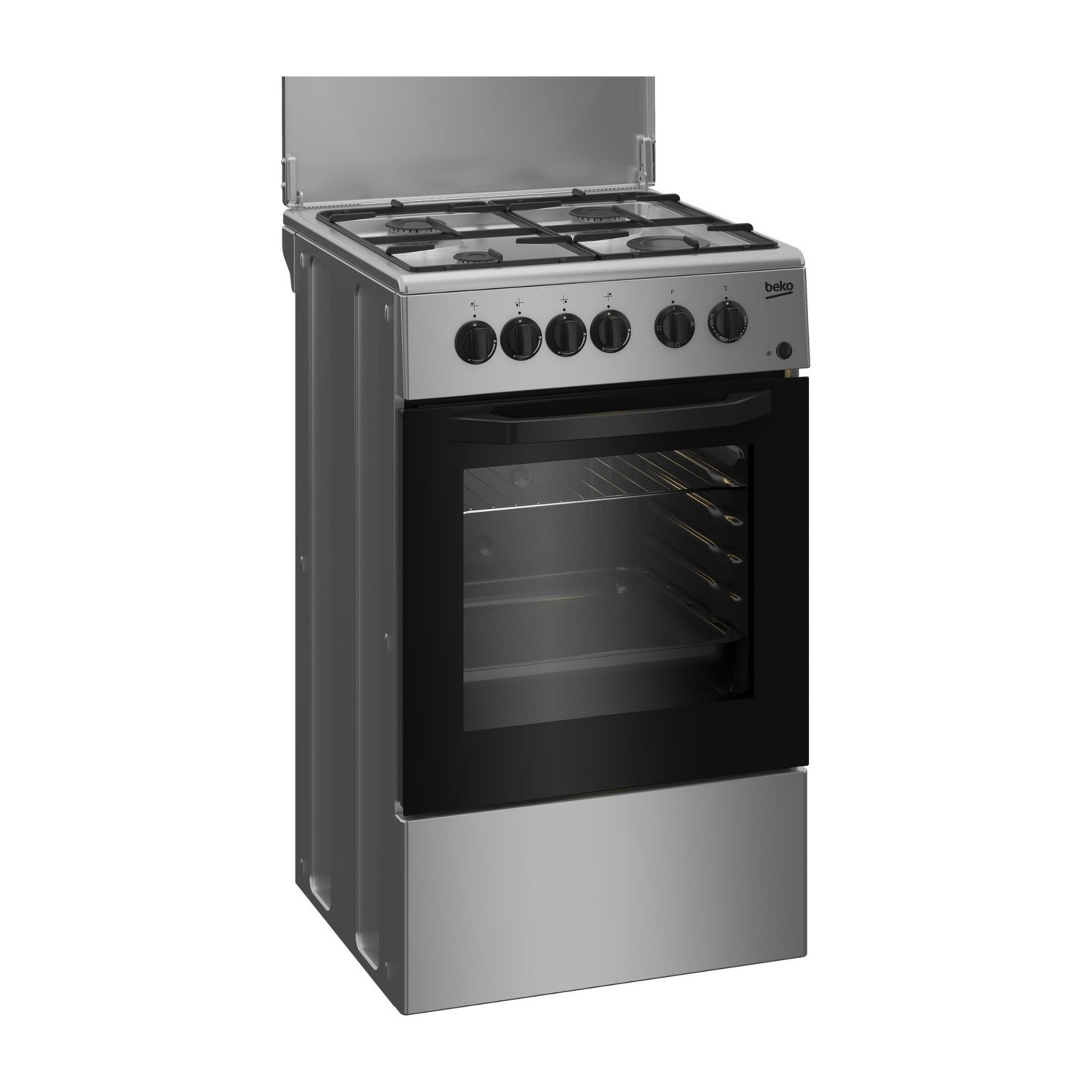 Fornello a gas in acciaio inox con quattro fuochi, forno con porta in vetro e manopole.