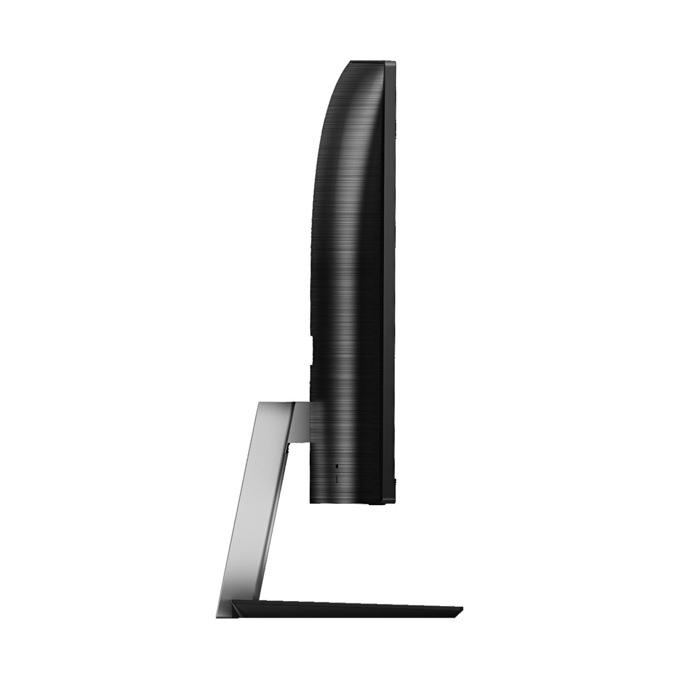 Czarny monitor z srebrną podstawą, widziany z boku.