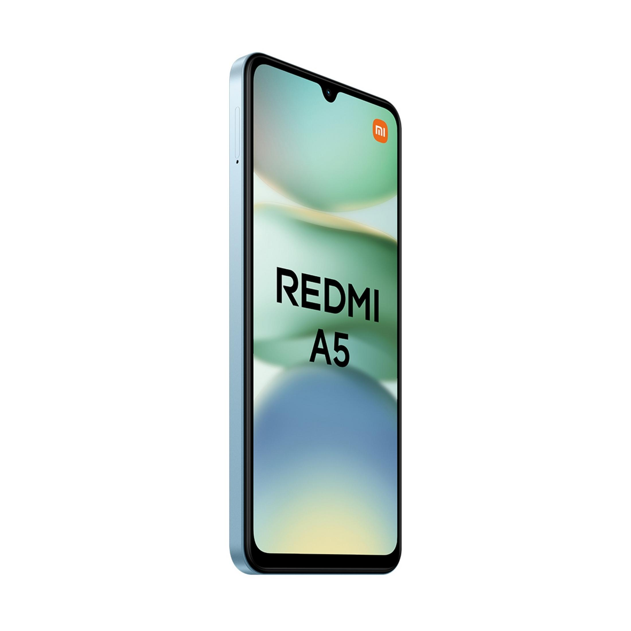 Jasnoniebieski smartfon z napisem REDMI A5 na ekranie.
