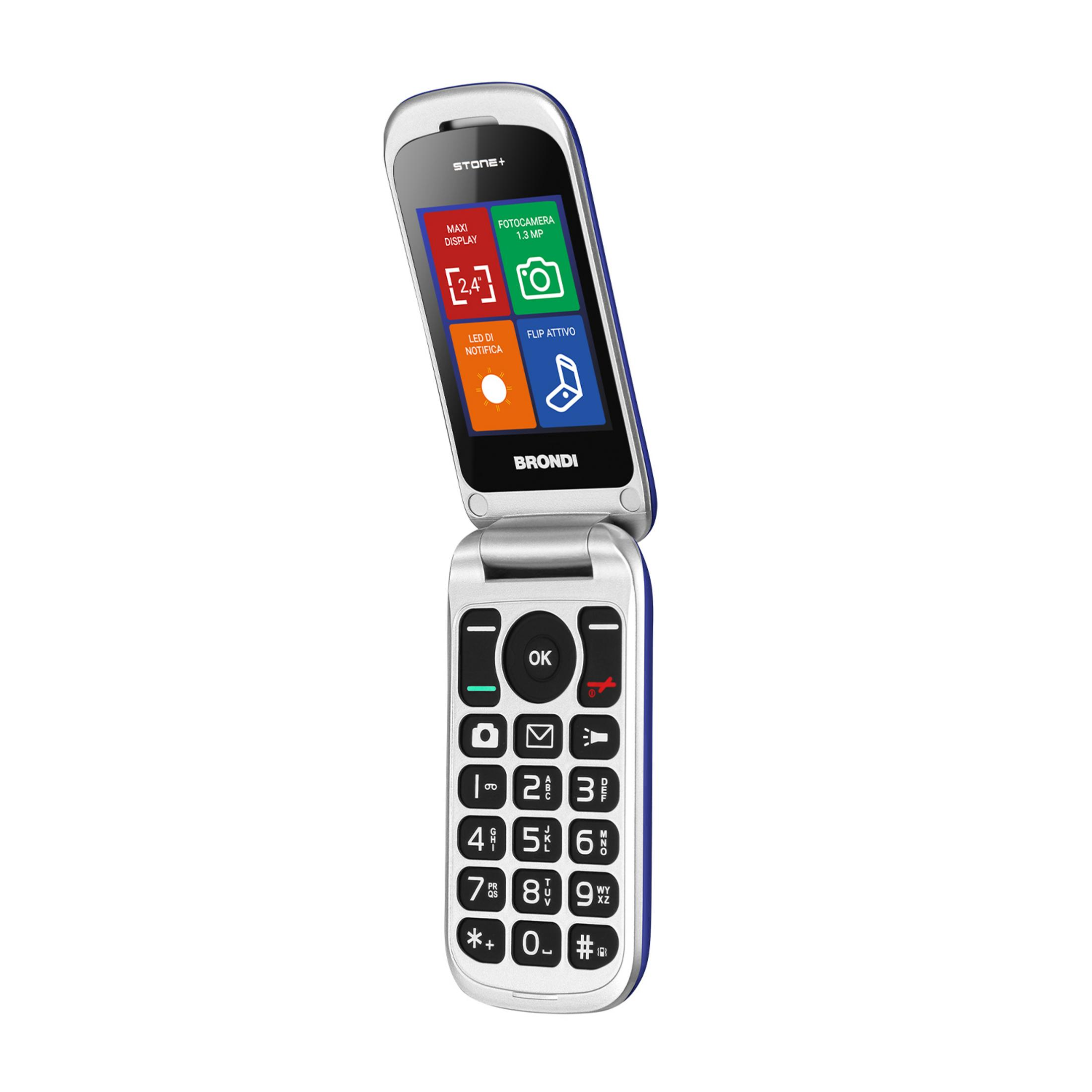 Un telefono a conchiglia aperto blu e bianco con tasti e display.