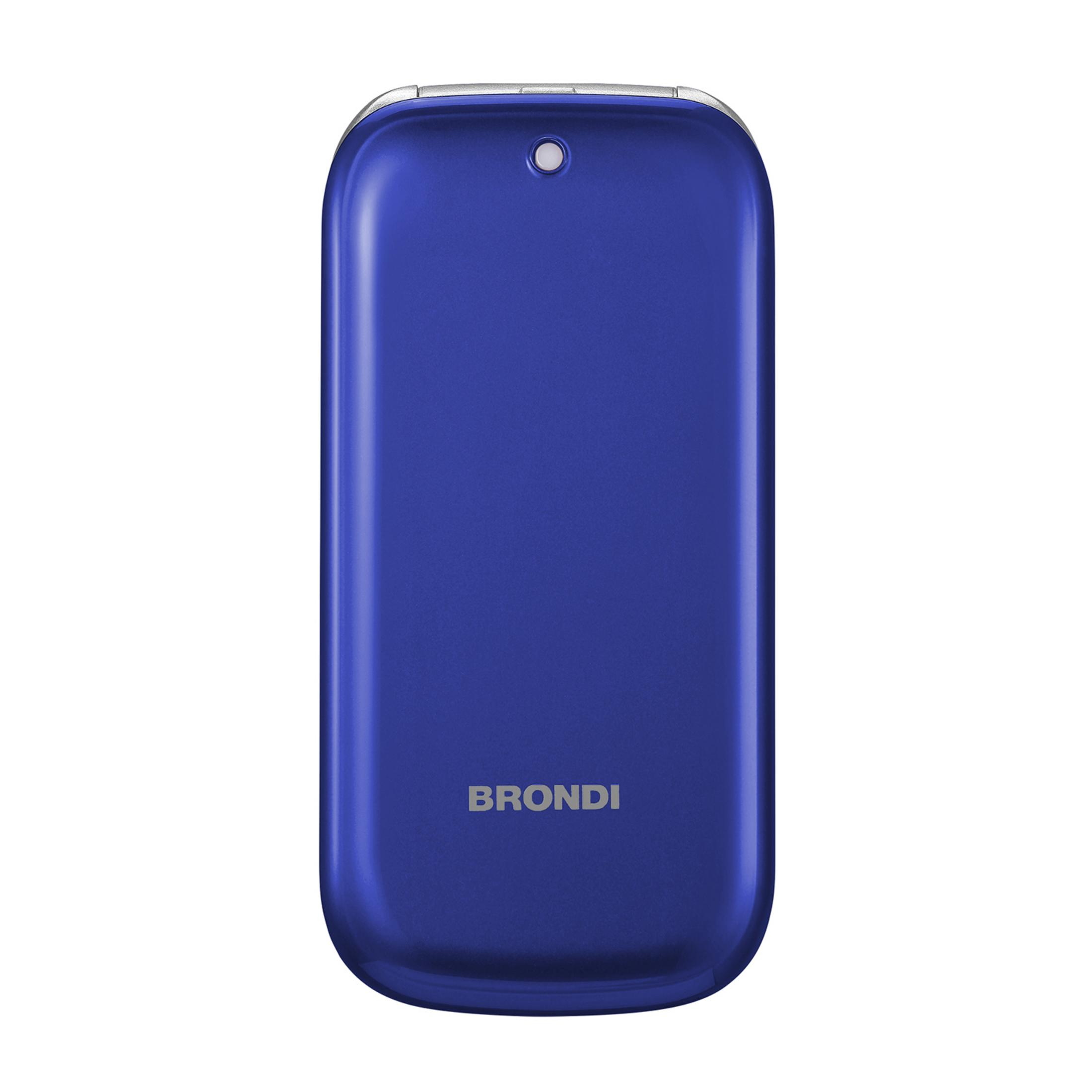 Un telefono flip Brondi blu con bordo argentato e foro per fotocamera.