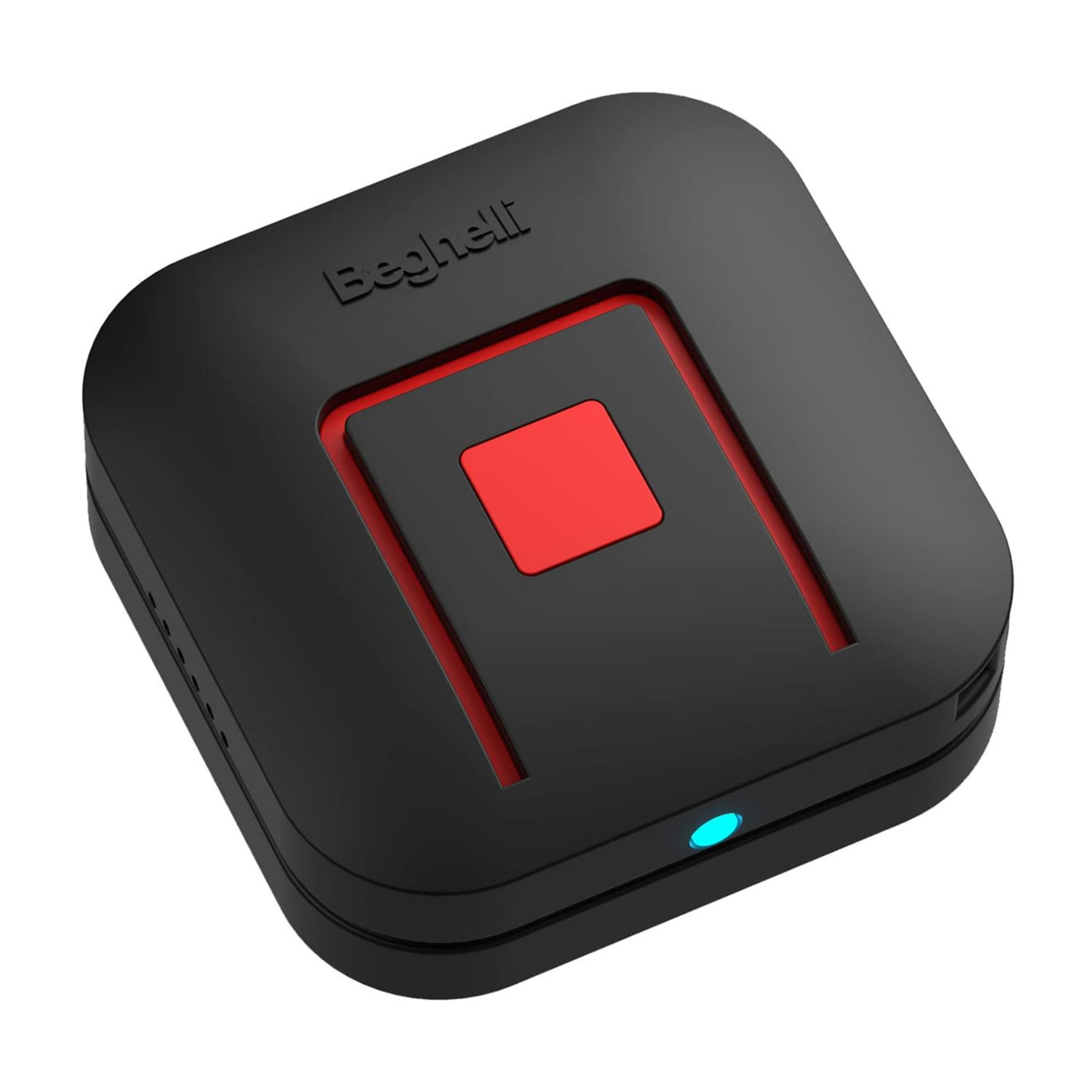 Dispositivo quadrato nero con pulsante rosso e indicatore LED blu.