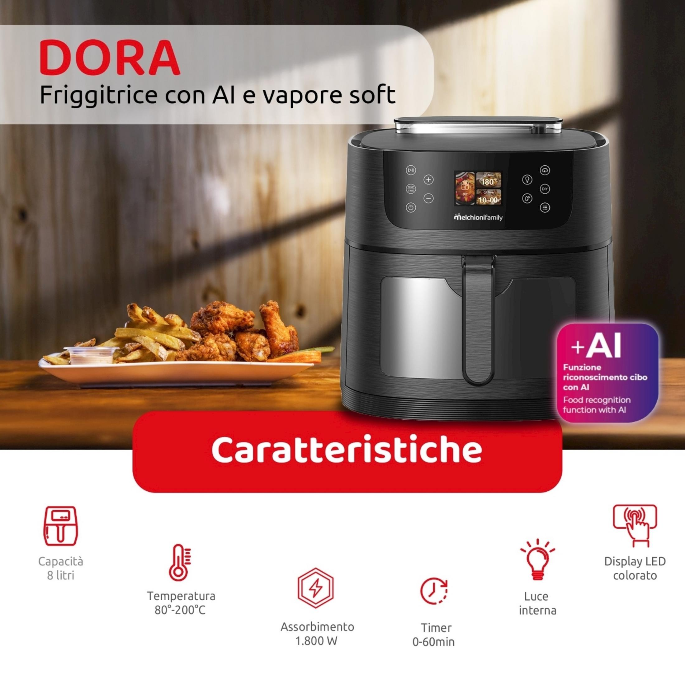 Freidora DORA con IA y vapor suave, junto a un plato de patatas fritas y alitas de pollo.