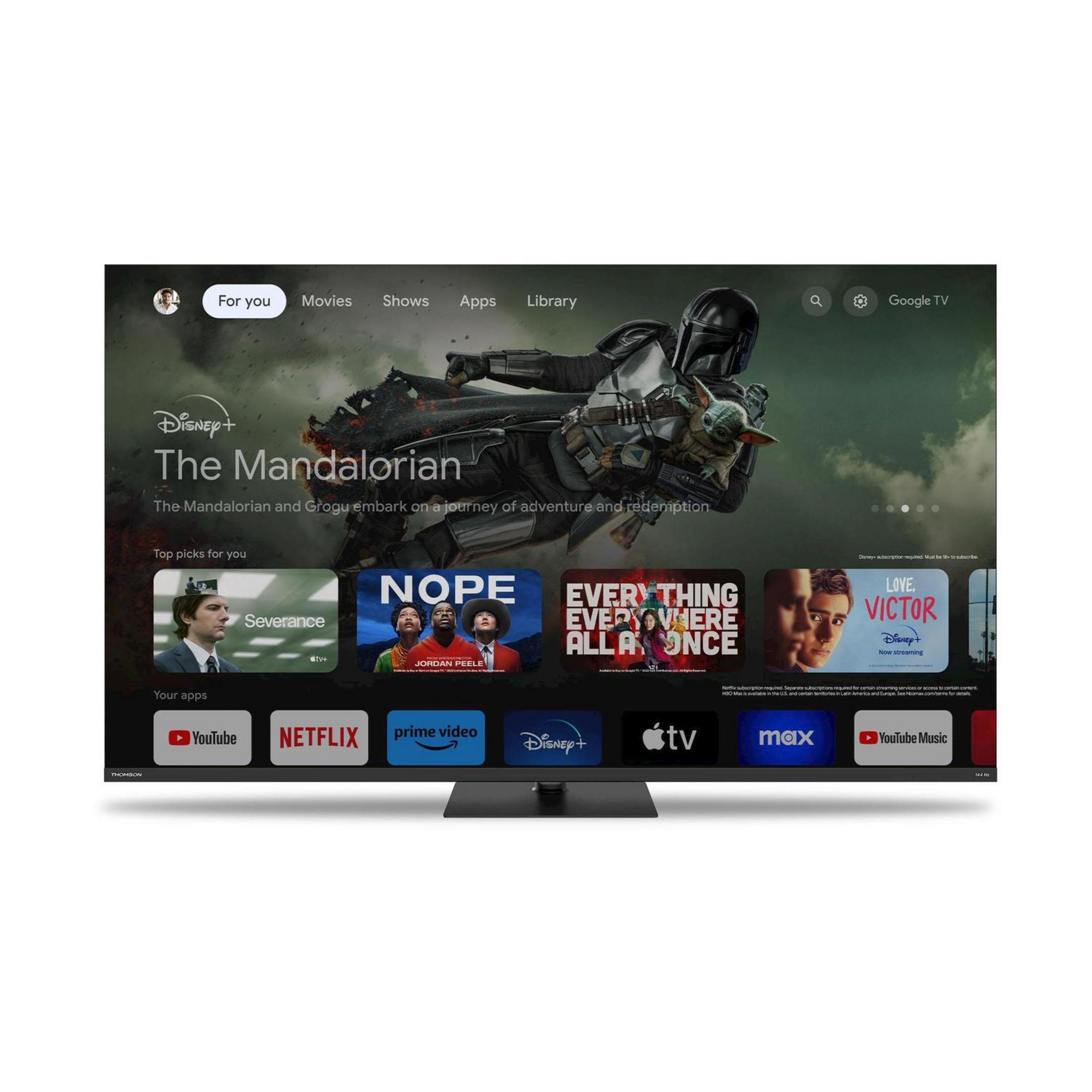 Una pantalla de TV muestra la interfaz de Google TV con 'The Mandalorian'.