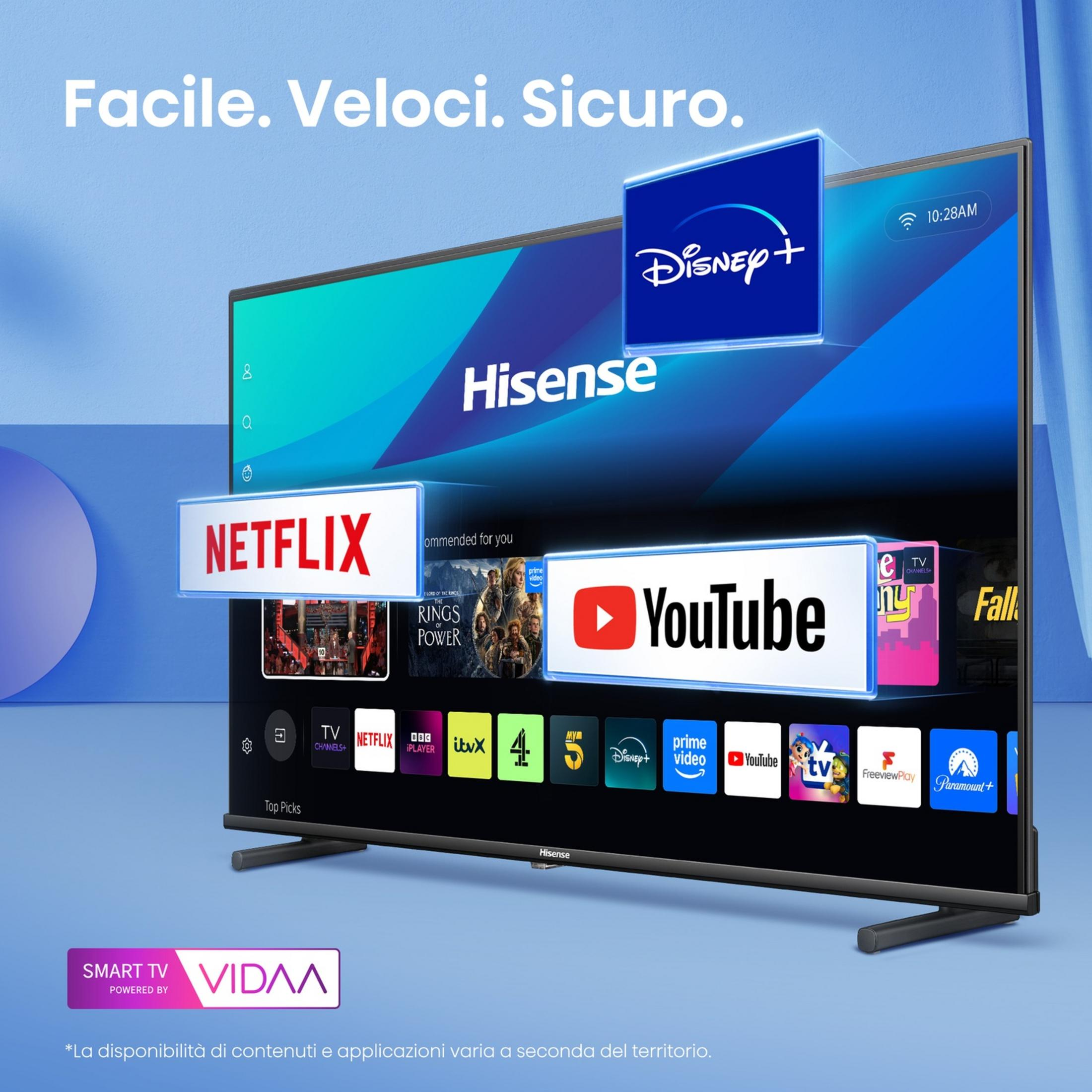Telewizor Hisense Smart TV z ikonami aplikacji: Netflix, Disney+, YouTube. Niebieskie tło.