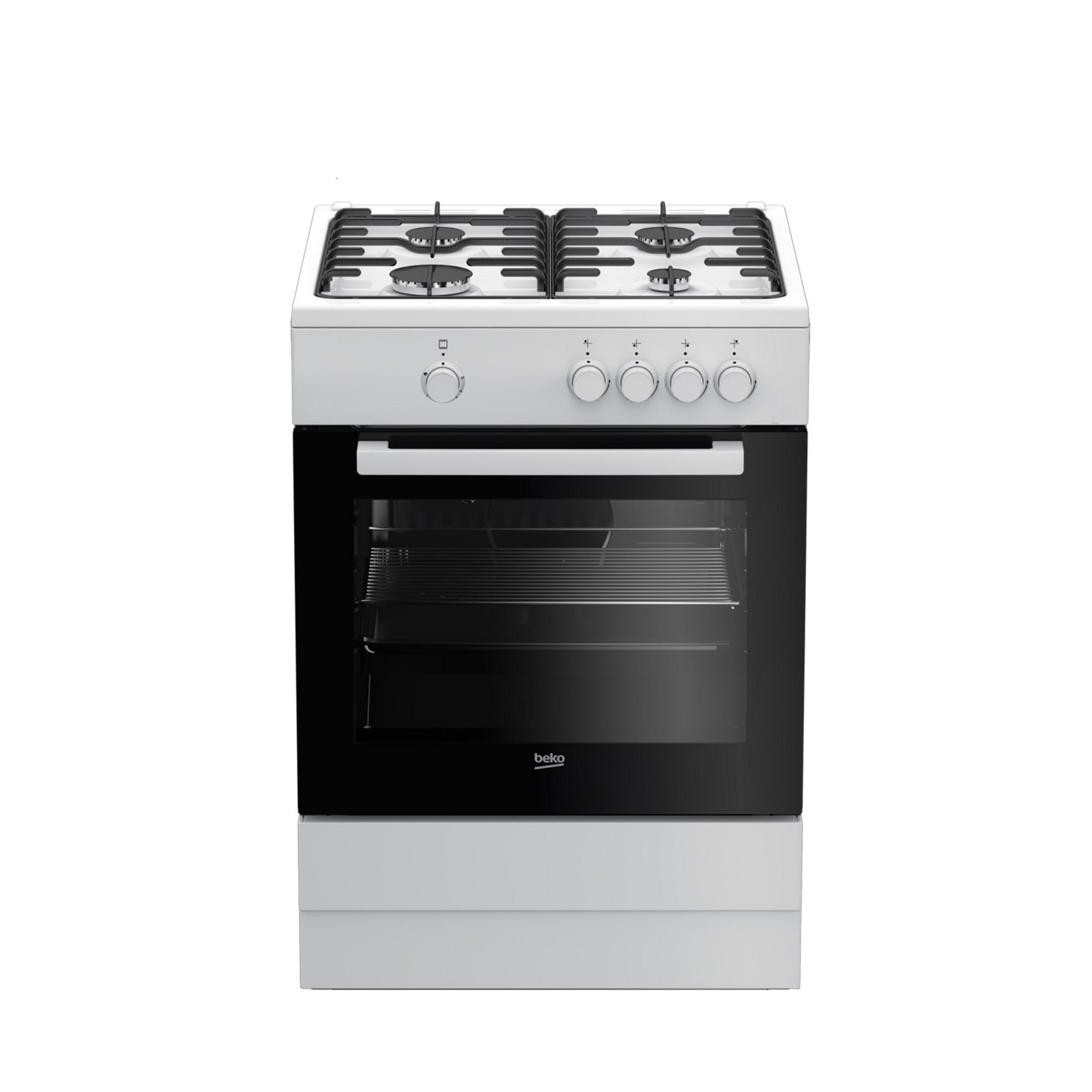 Fornello a gas bianco con quattro fuochi e forno nero con porta a vetro.
