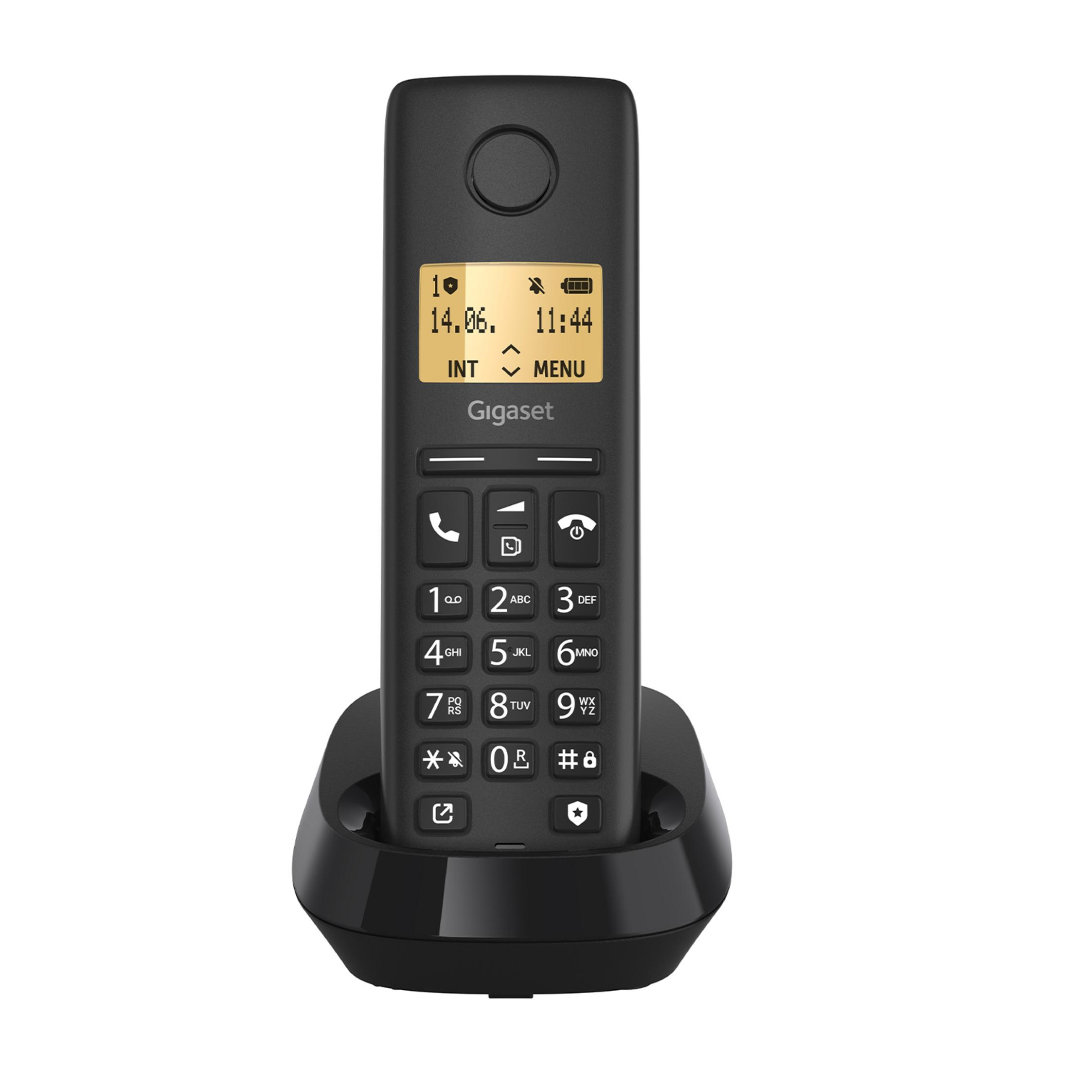 Telefono cordless nero sulla sua base di ricarica con display.