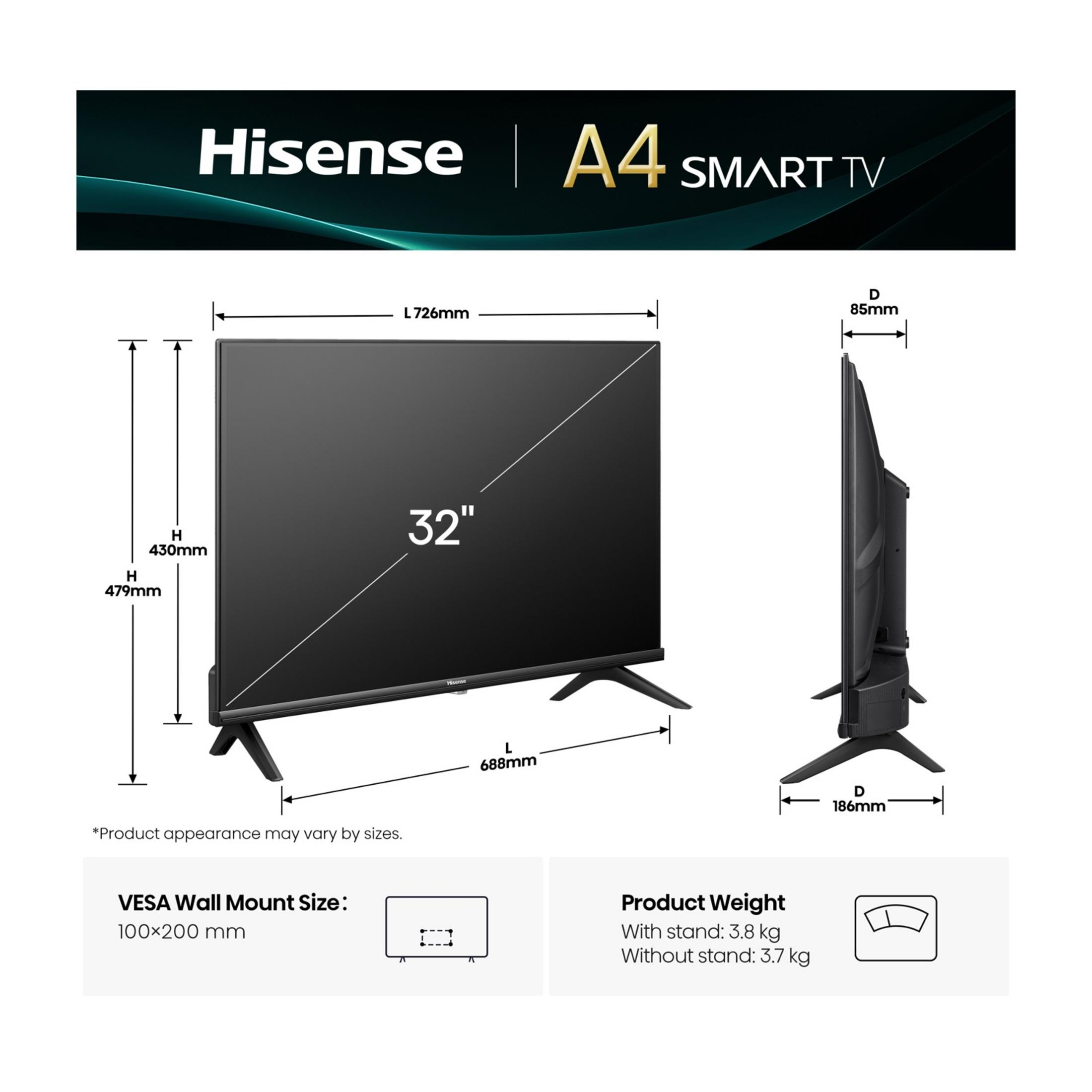 Hisense A4 Smart TV de 32 pulgadas con detalles de dimensiones y peso.