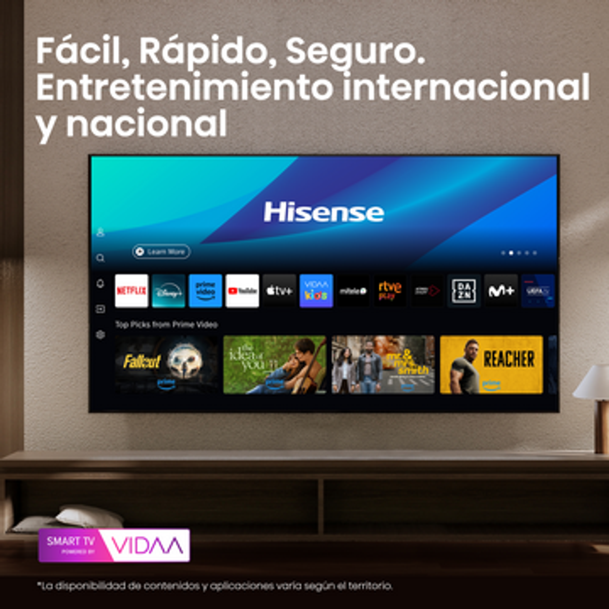 Smart TV Hisense con iconos de apps y selección de películas. Fácil, rápido, seguro.