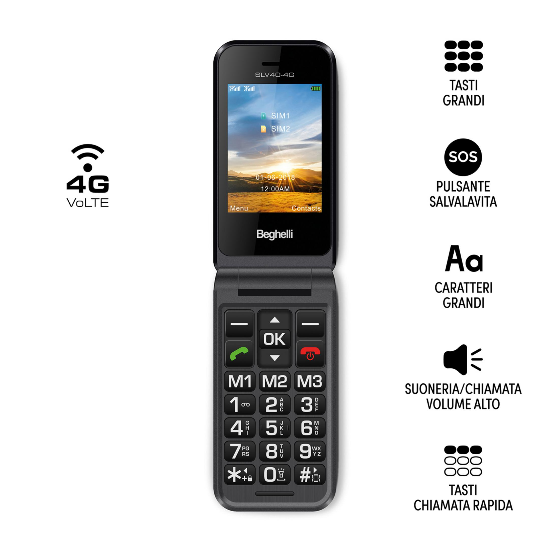 Un telefono a conchiglia nero con tasti grandi e icona 4G.