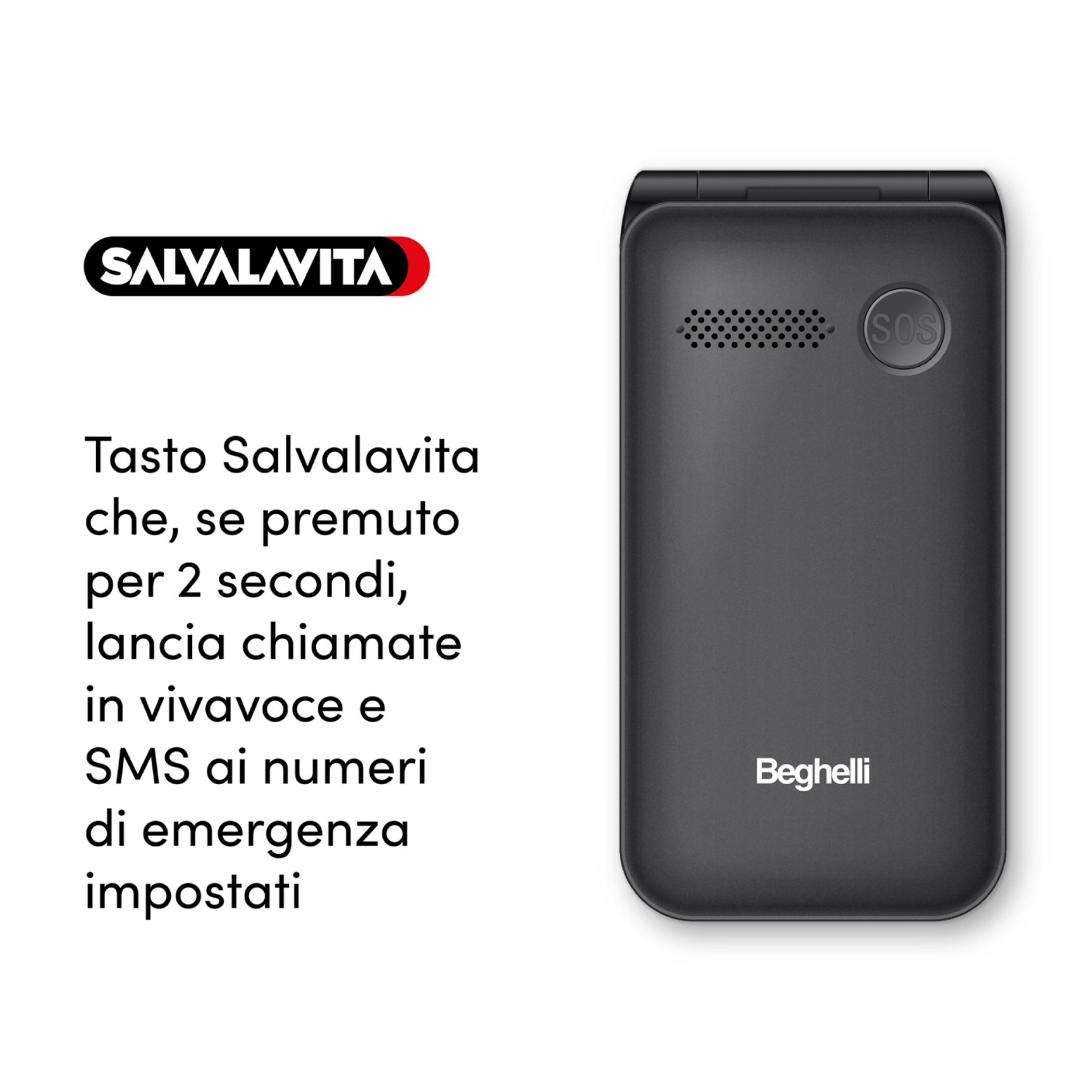 Un telefono pieghevole nero con pulsante SOS e altoparlante. Il testo spiega la funzione.