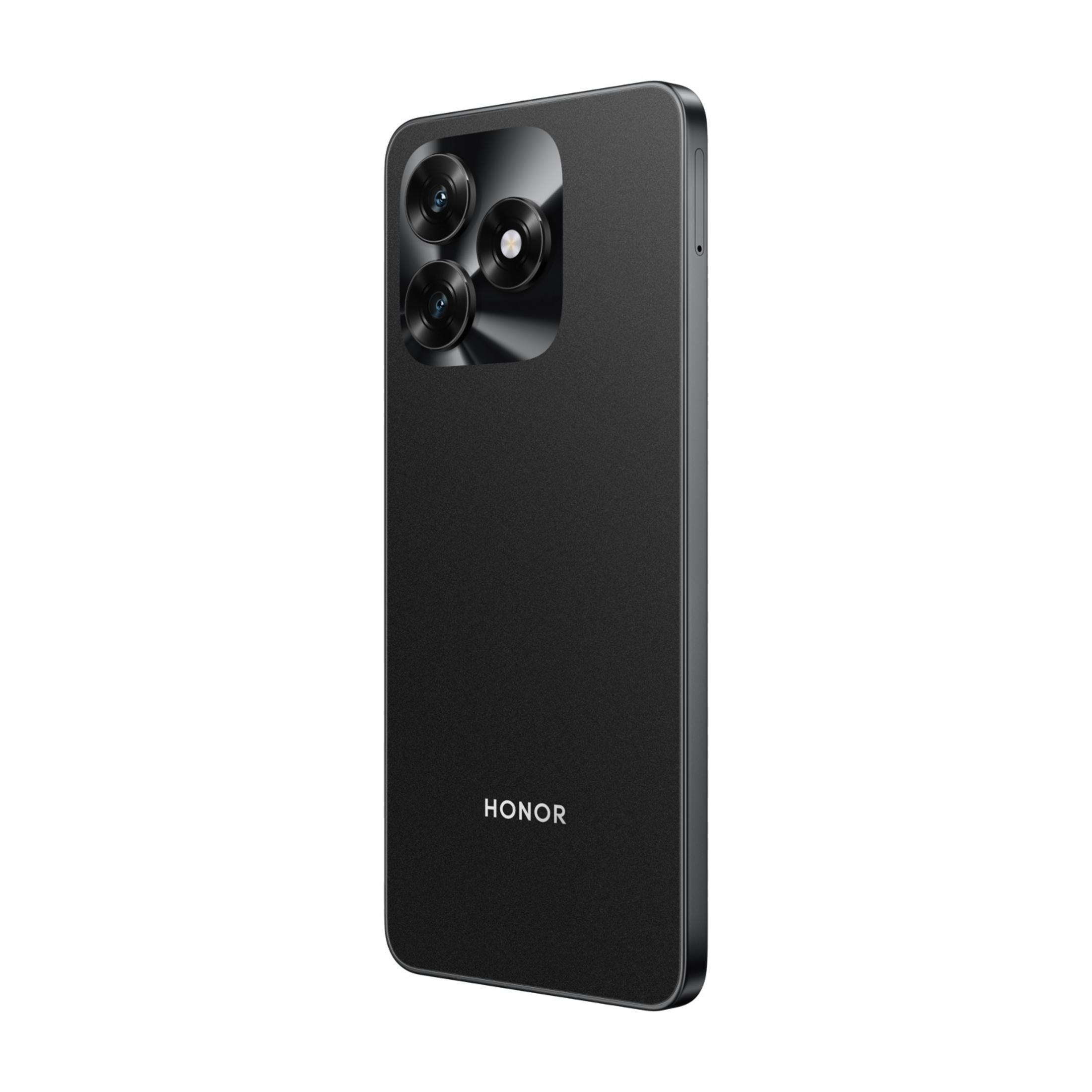 Ein schwarzes Smartphone mit dreifacher Kamera und HONOR-Logo auf weißem Hintergrund.