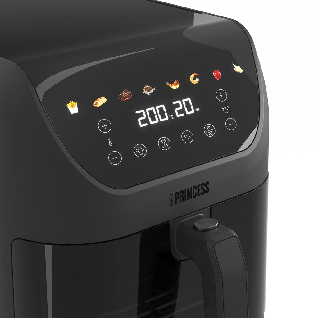 Freidora de aire negra con pantalla digital: iconos de comida, 200°C, temporizador 20 min.