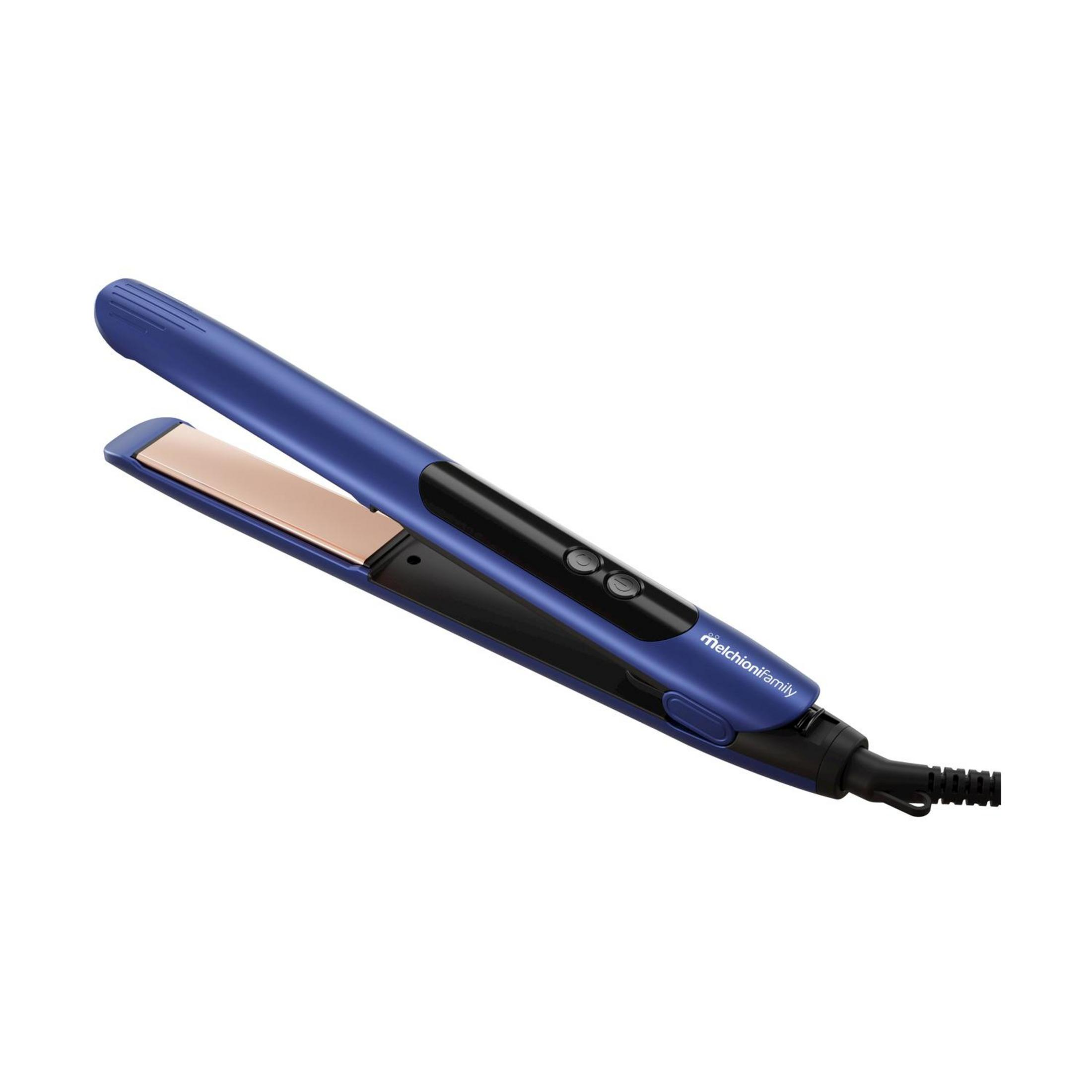 Ein blauer Haarglätter mit roségoldenen Platten und einem schwarzen Kabel.