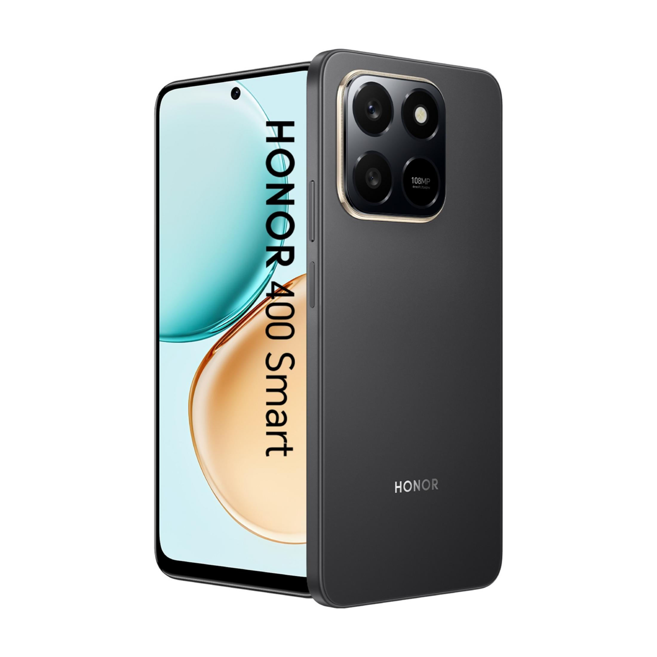 Un teléfono Honor 40 Smart negro con cuatro cámaras y el logo HONOR.