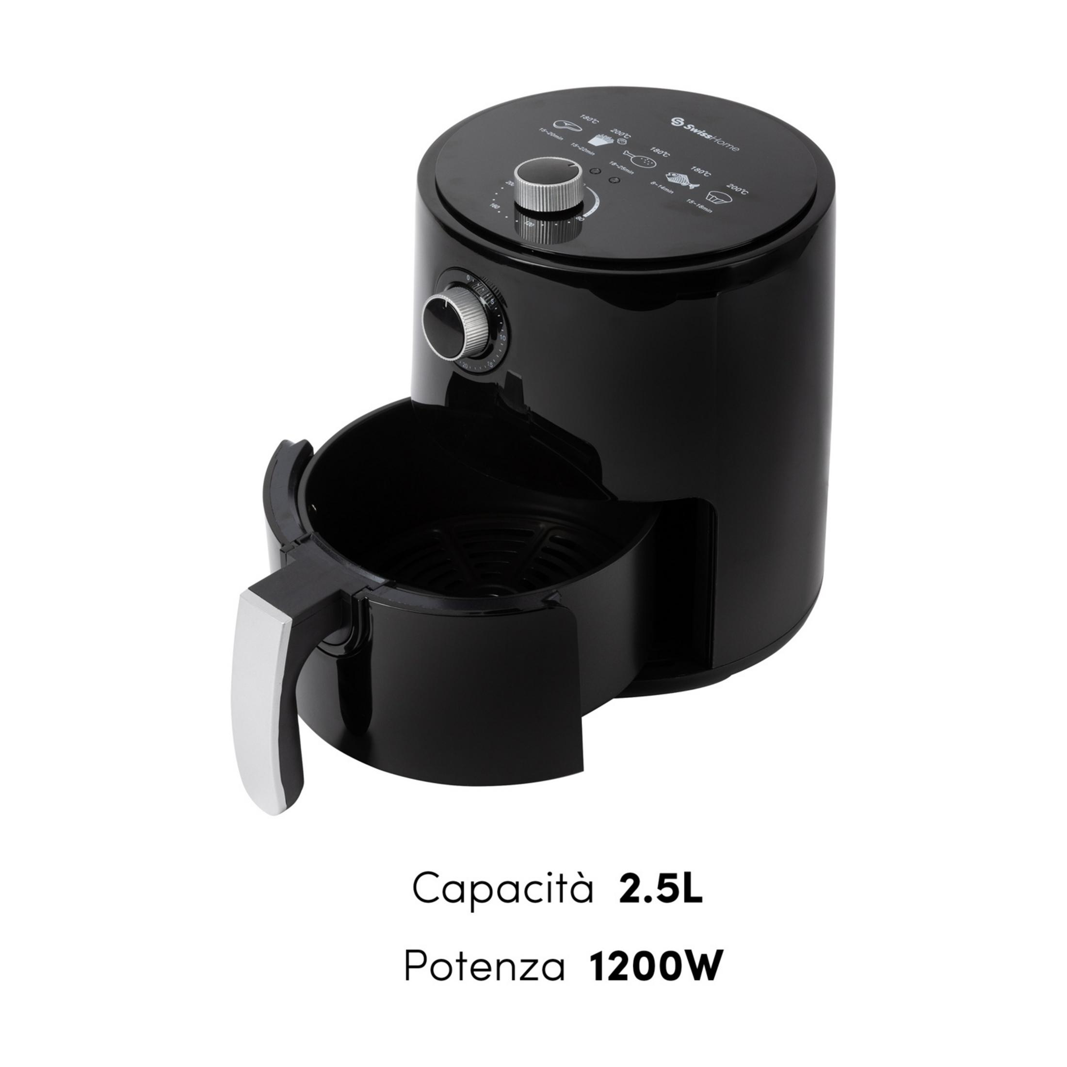 Friggitrice ad aria nera con manico argentato. Capacità 2,5L, potenza 1200W.
