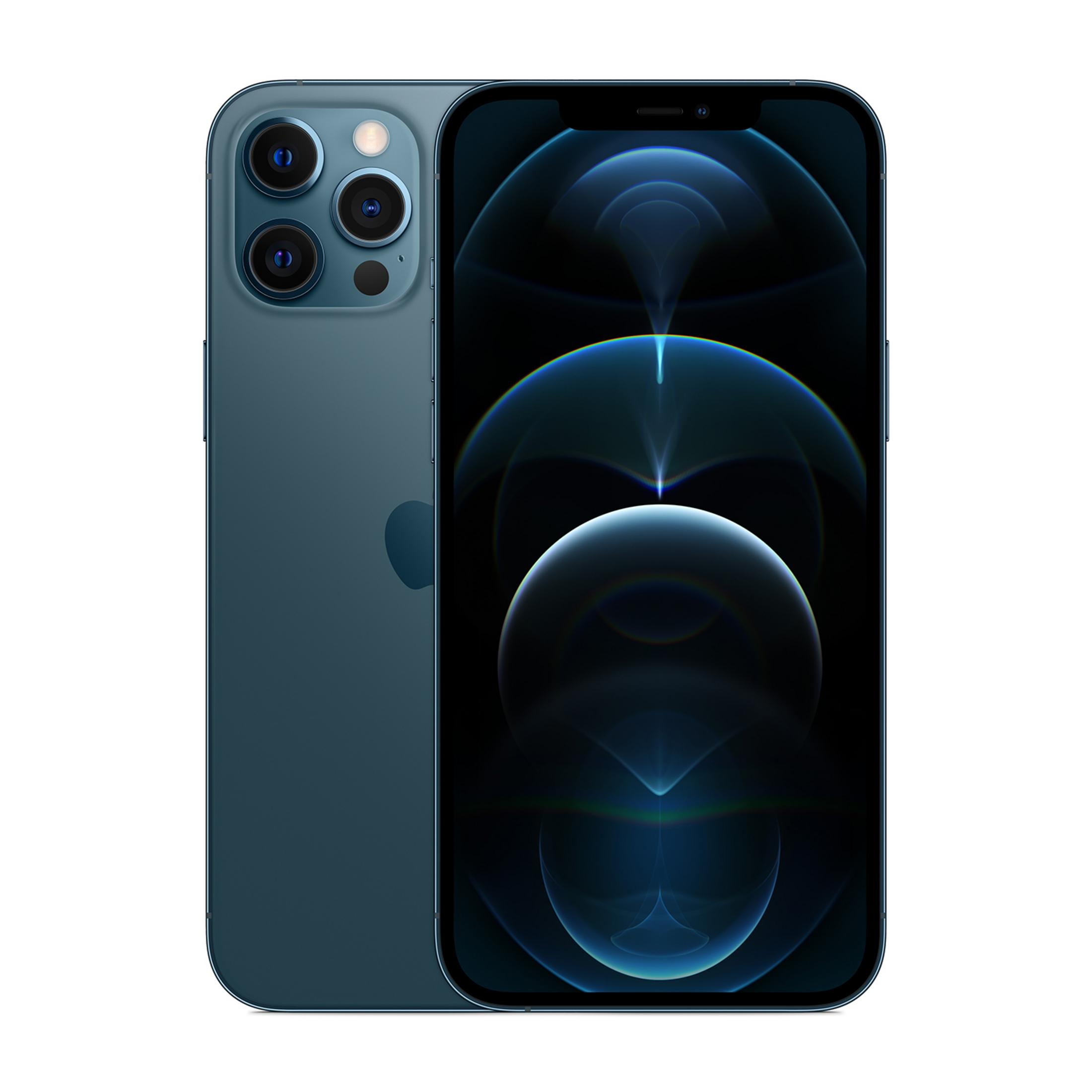 Un iPhone blu con tre fotocamere posteriori e display a sfondo scuro.