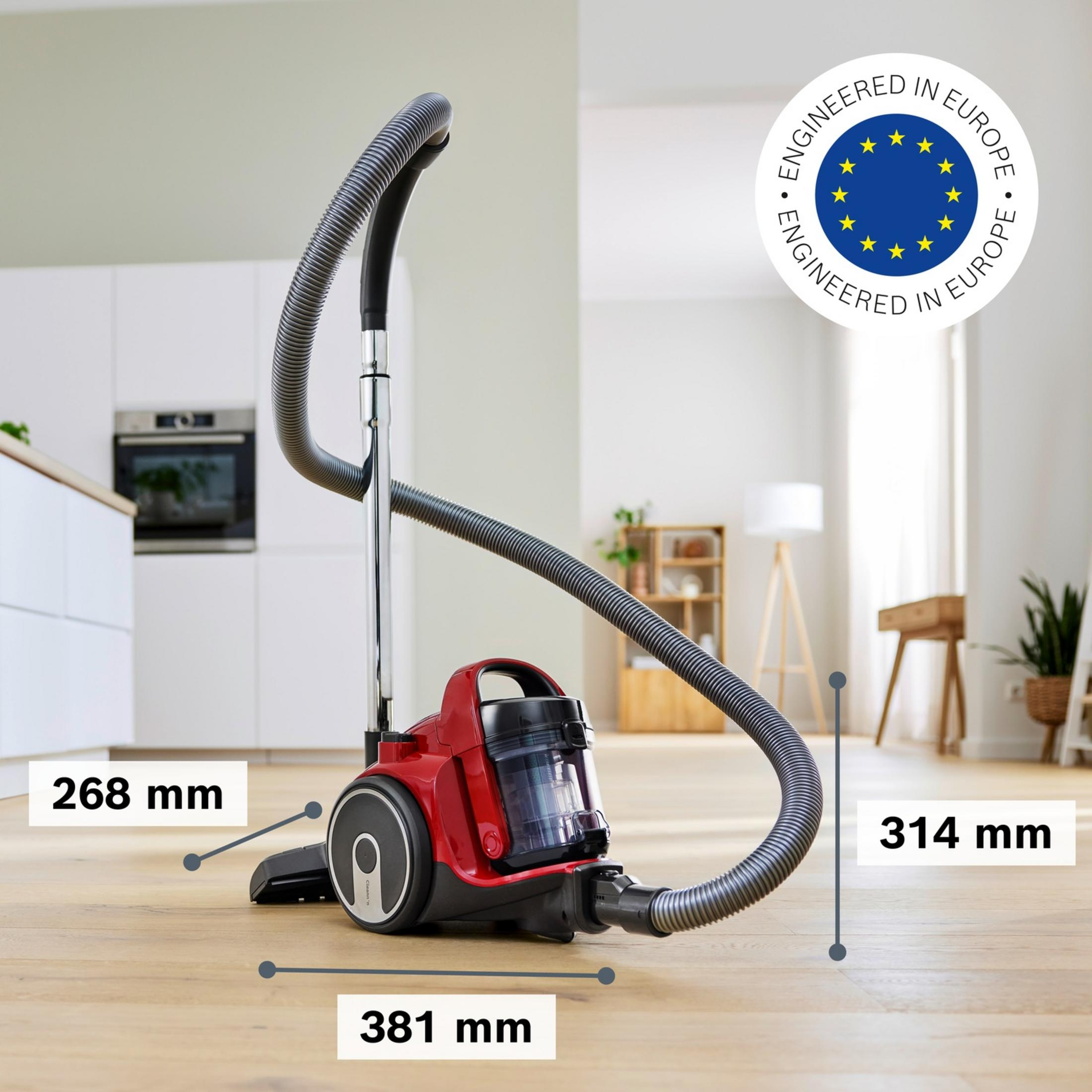 Czerwony odkurzacz z szarymi wężami. Wymiary: 268 mm, 314 mm, 381 mm.