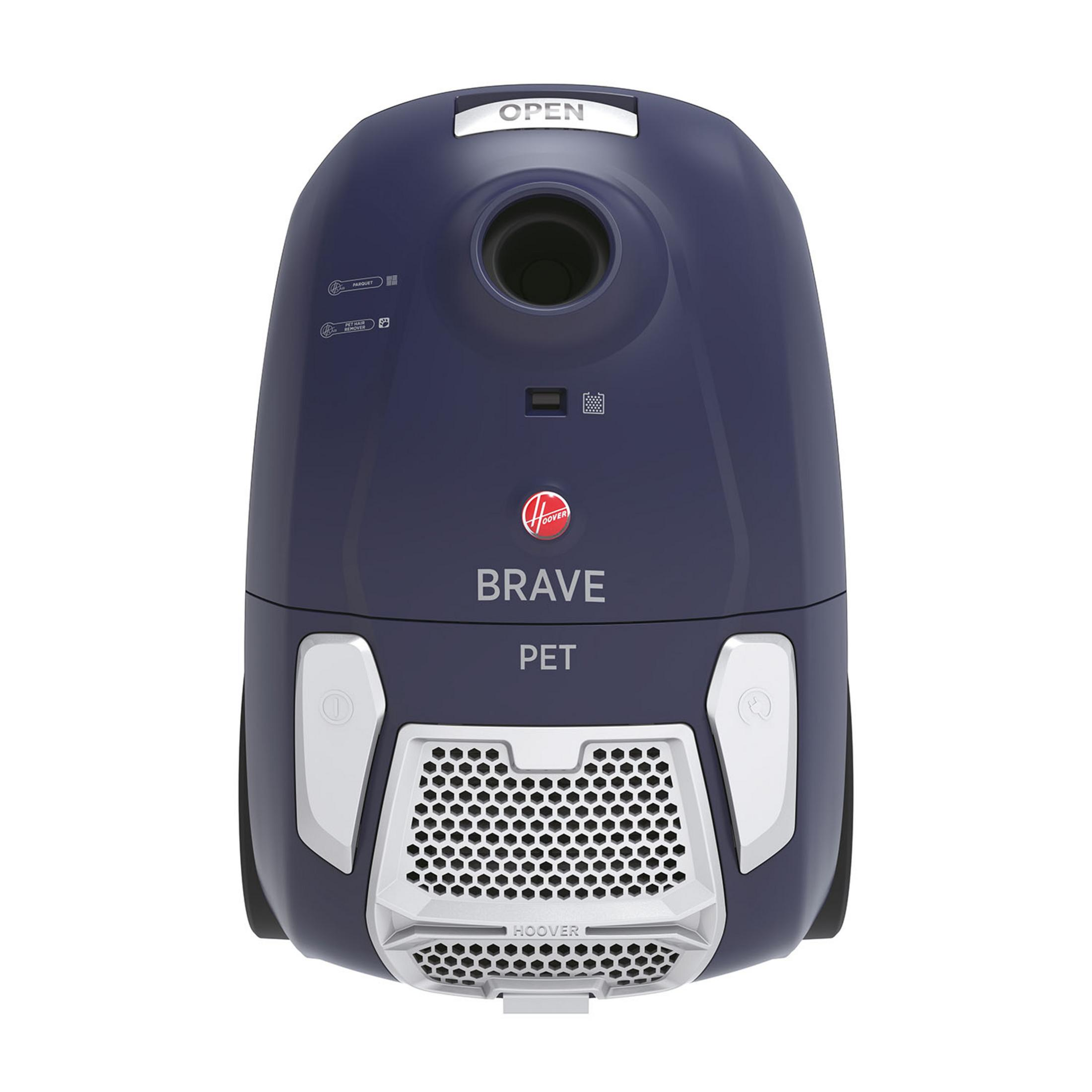 Ciemnoniebieski odkurzacz Hoover z srebrnymi akcentami i kratką.