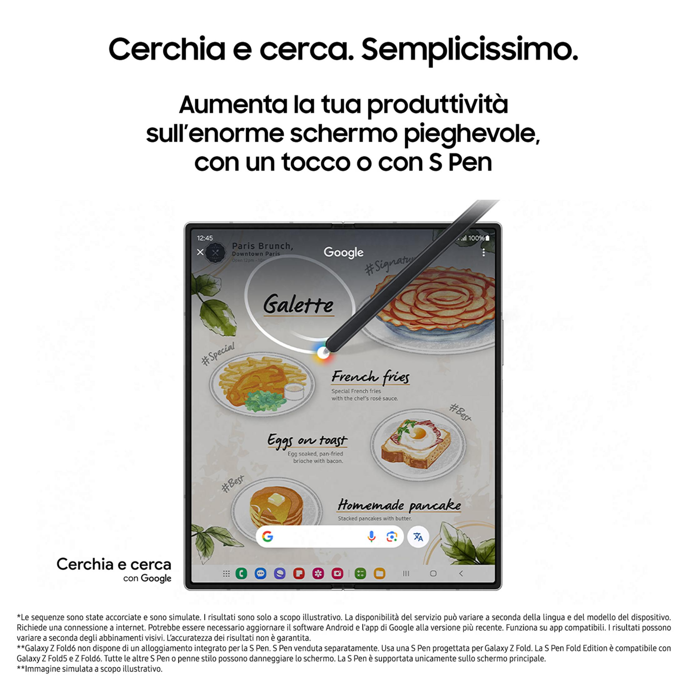 Ein Smartphone zeigt eine App mit Essensbildern und einer Suchleiste. Ein Stift berührt den Bildschirm.