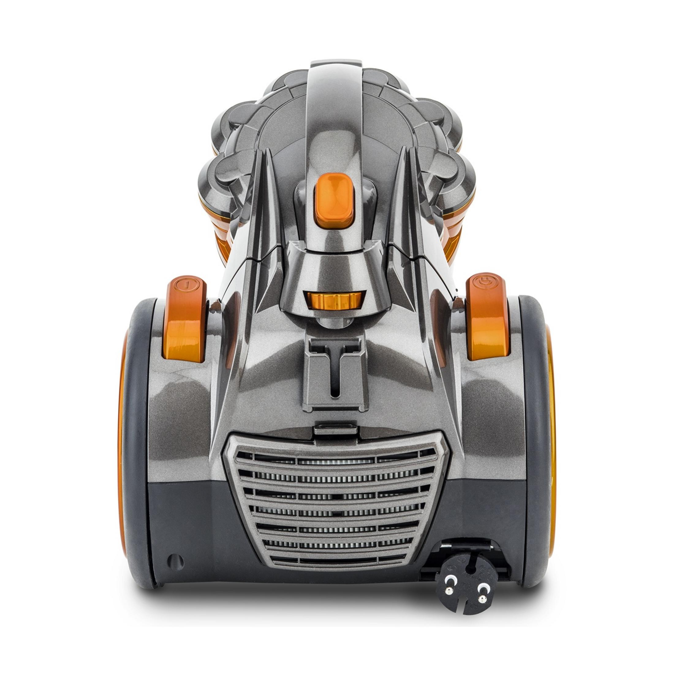 Szary i pomarańczowy odkurzacz z kołami i wtyczką.