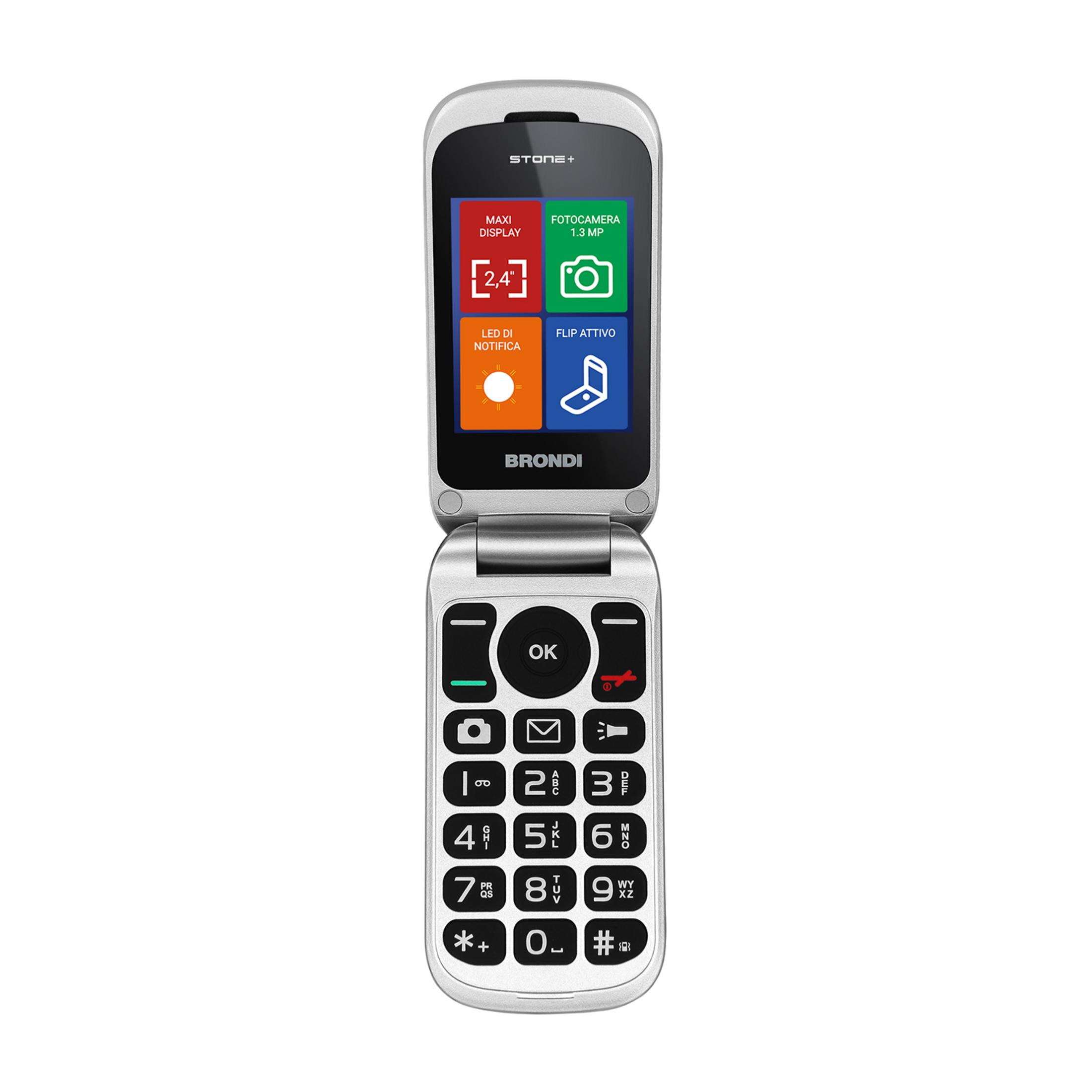Un telefono a conchiglia argentato con display grande e tastiera.