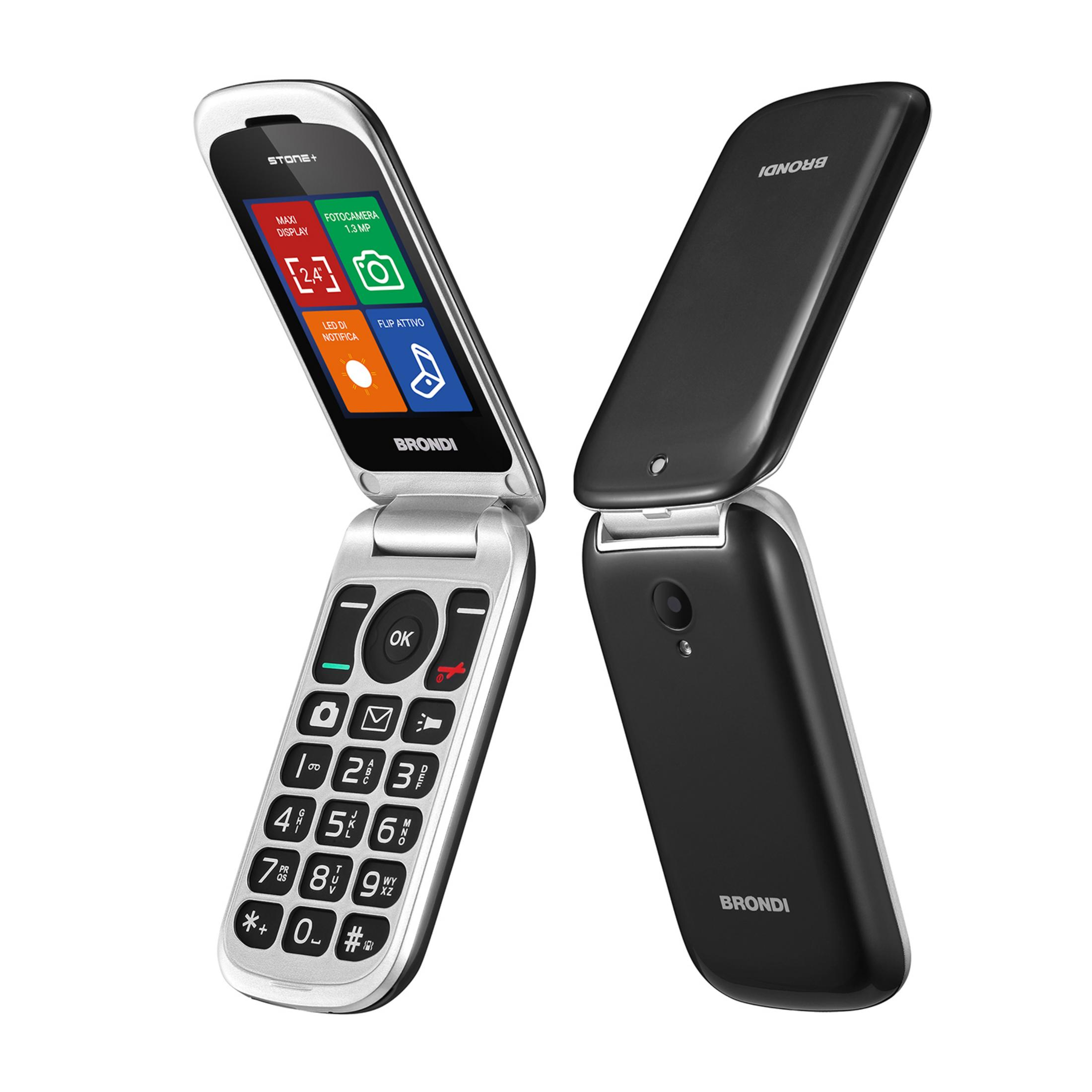 Un telefono a conchiglia aperto, nero e argento, con tastiera e schermo.