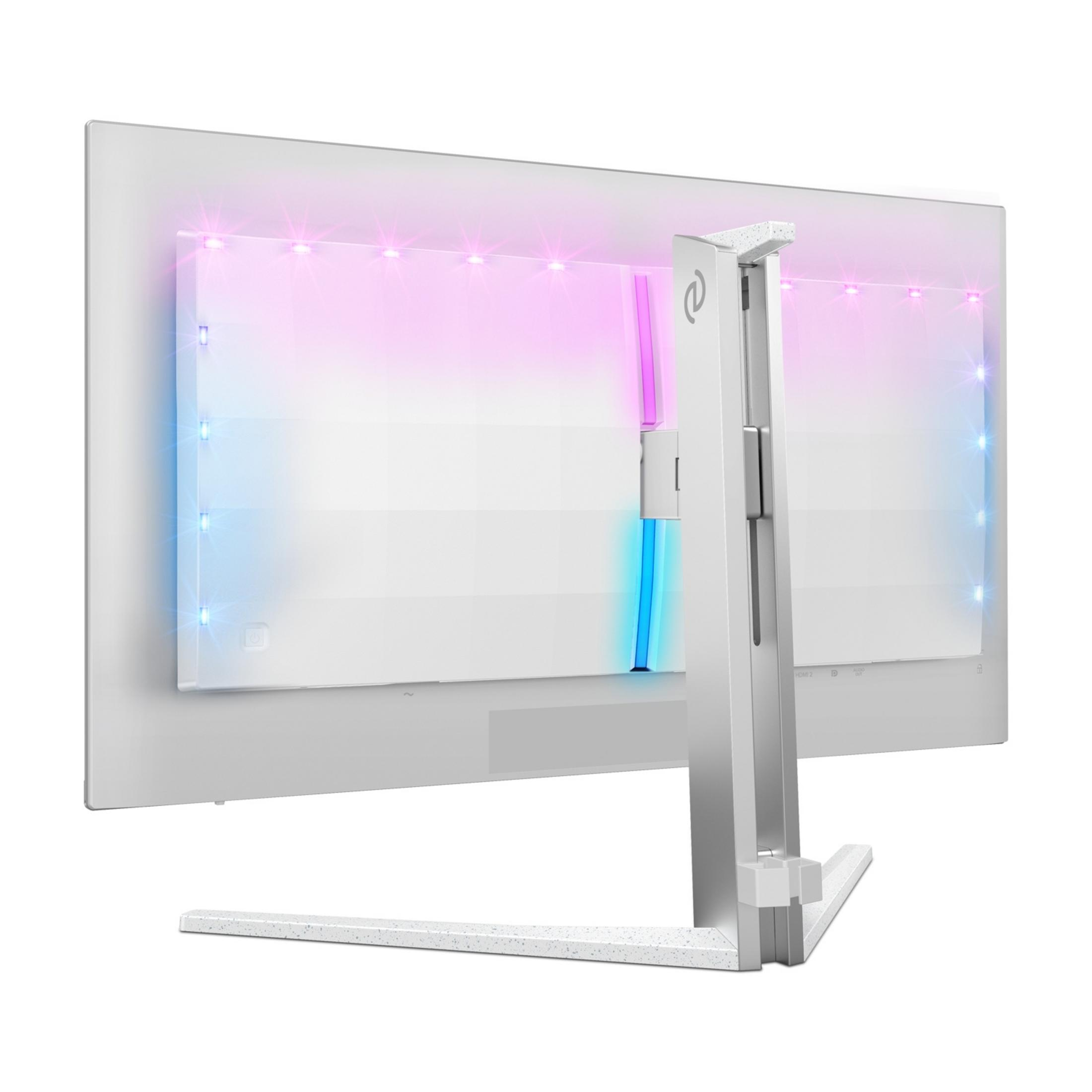 Biały monitor ze srebrnym stojakiem i oświetleniem RGB.