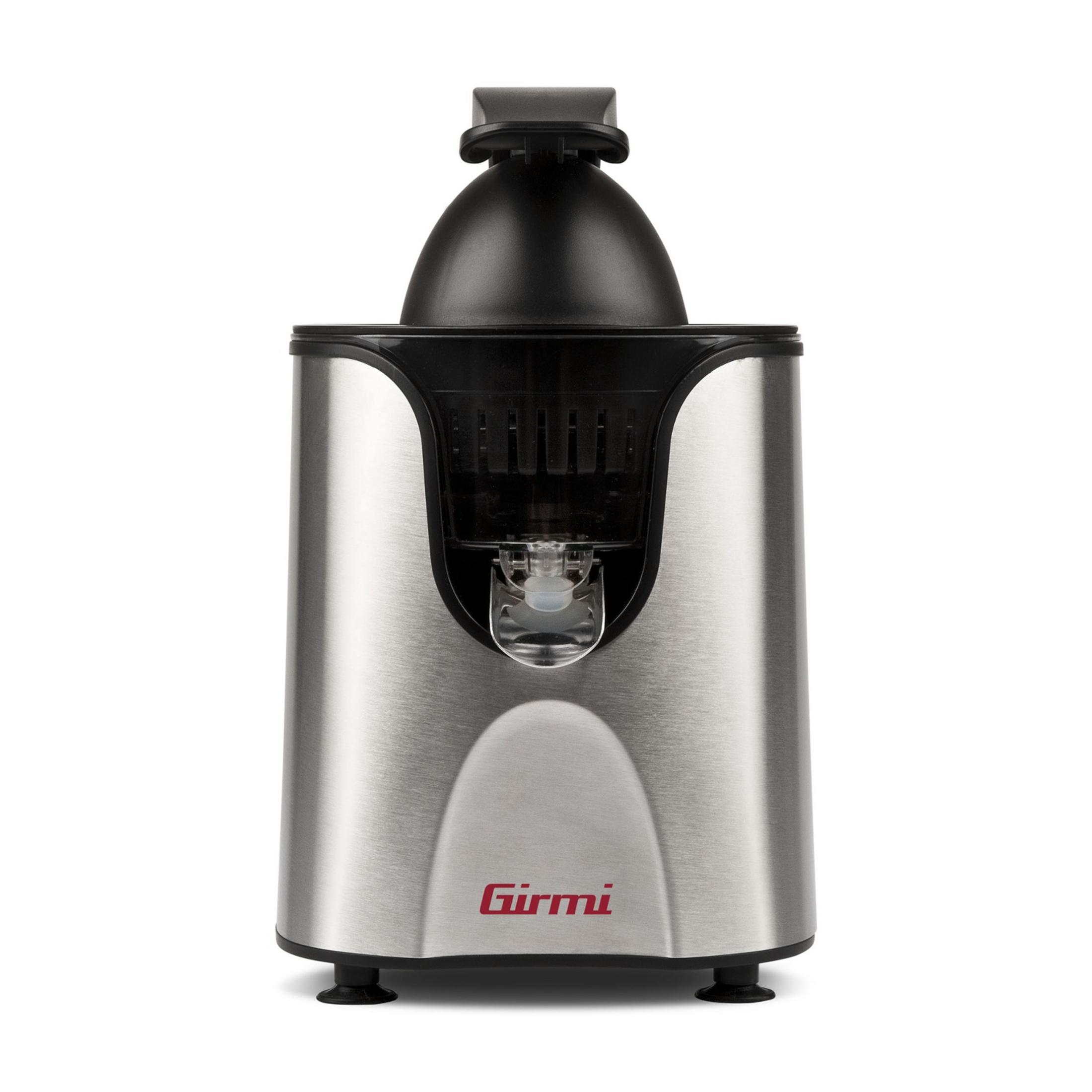 Srebrna wyciskarka z czarną pokrywą i dzióbkiem, na białym tle.