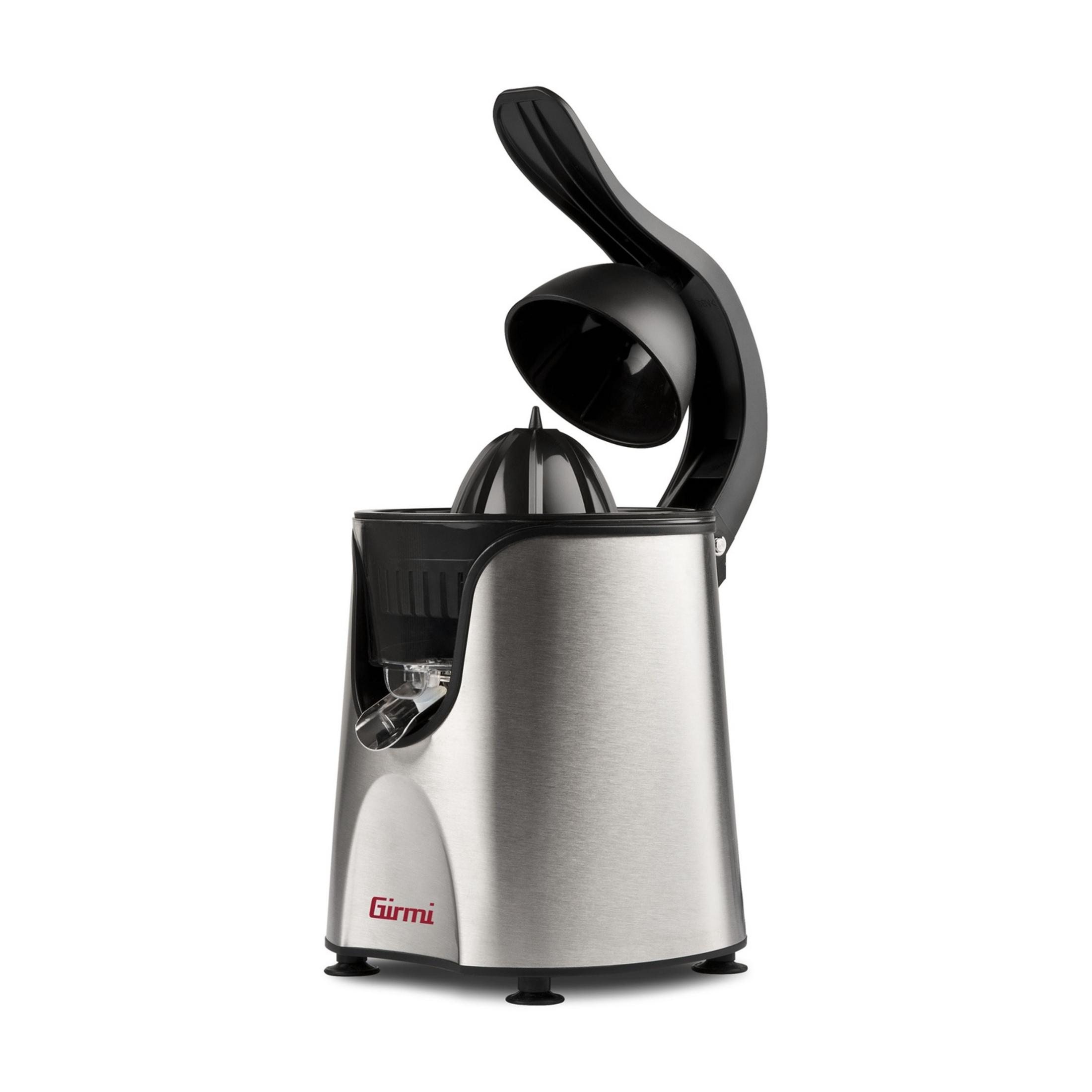 Srebrna wyciskarka do cytrusów z czarną pokrywą i uchwytem.