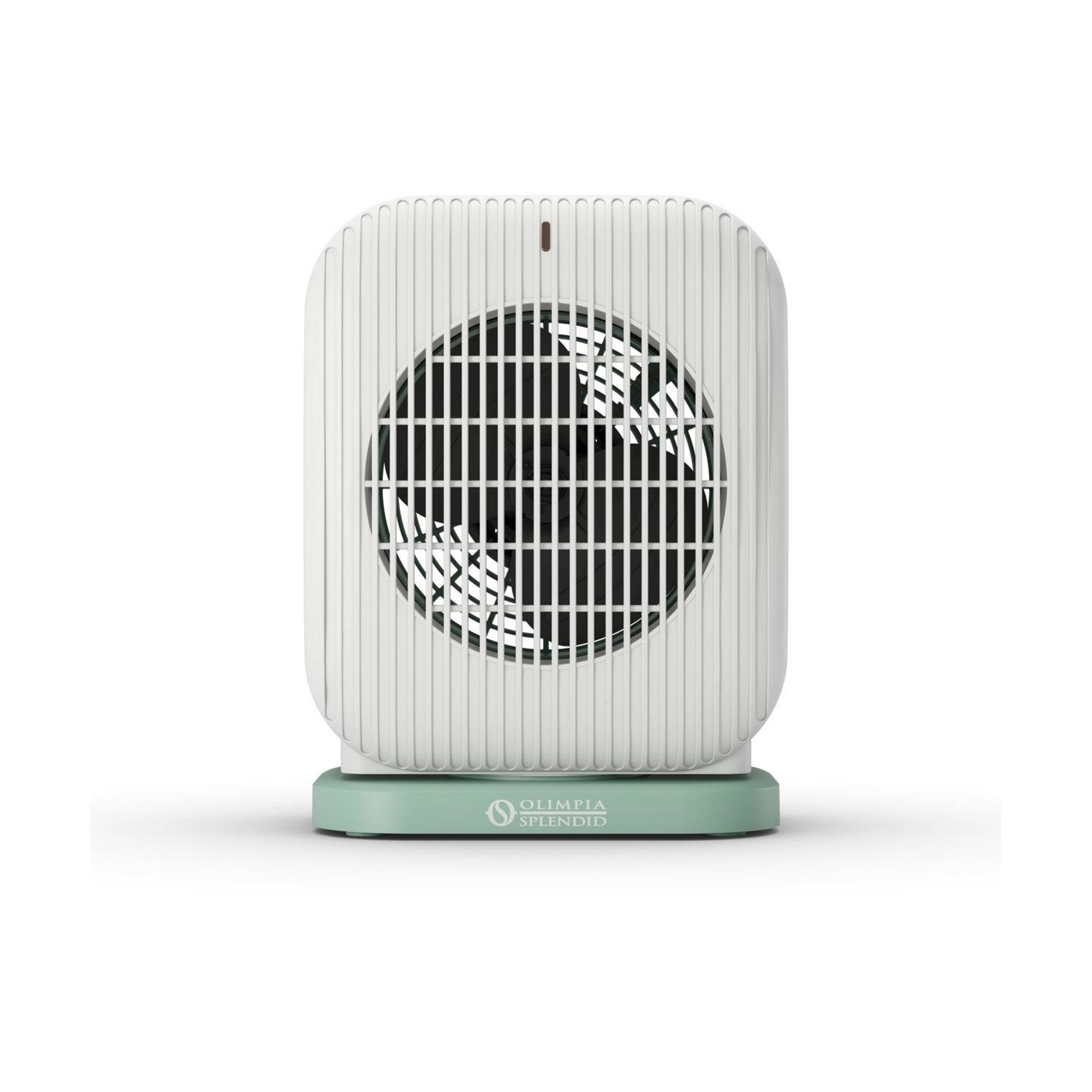 Ein weißer Ventilator mit Lüfterblatt, auf einem grünen Sockel mit Logo.