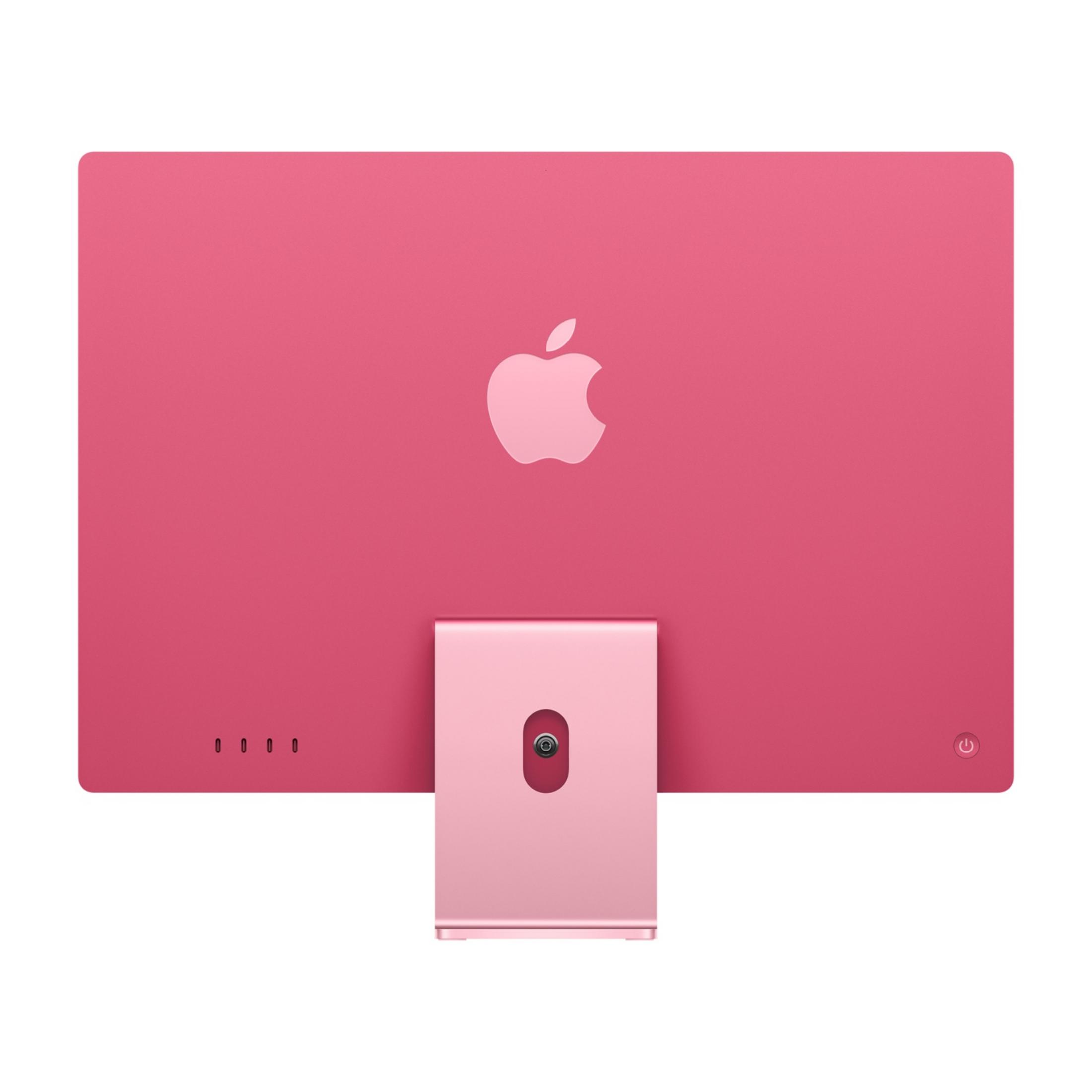 Retro di un iMac rosa con logo Apple e supporto.