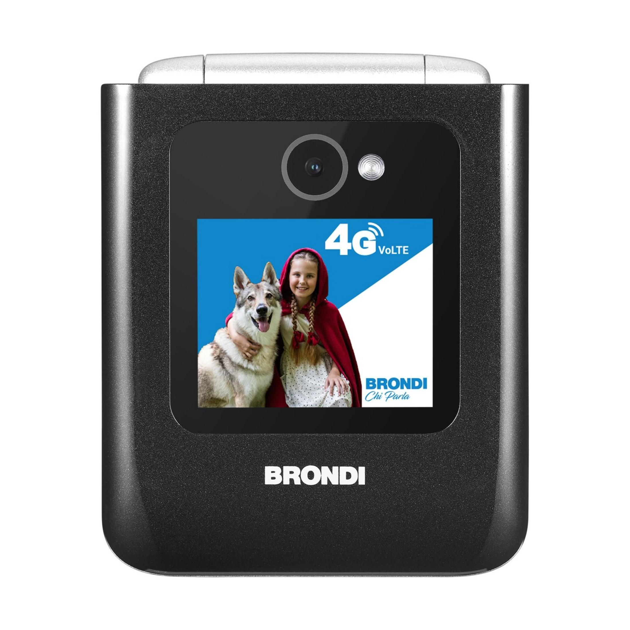 Dziewczynka z psem na ekranie telefonu. Napis "BRONDI" na dole.