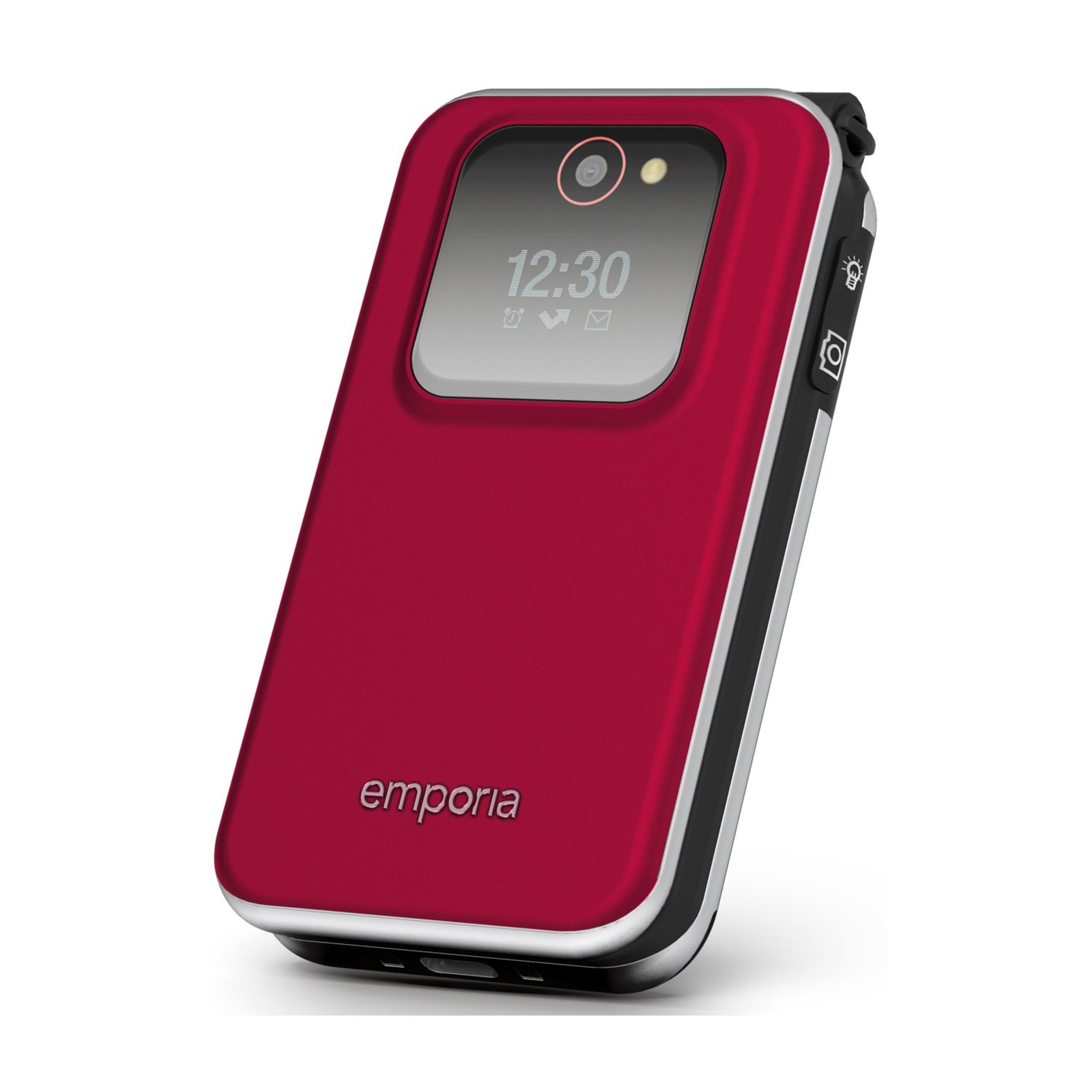 Rotes Klapphandy mit externem Display, das 12:30 Uhr anzeigt.