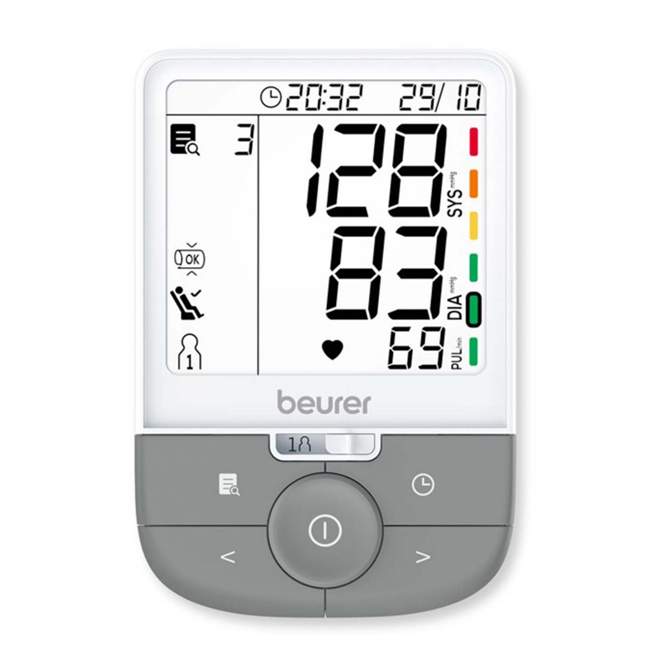 Tensiomètre numérique Beurer affichant 128/83 mmHg et 69 bpm.