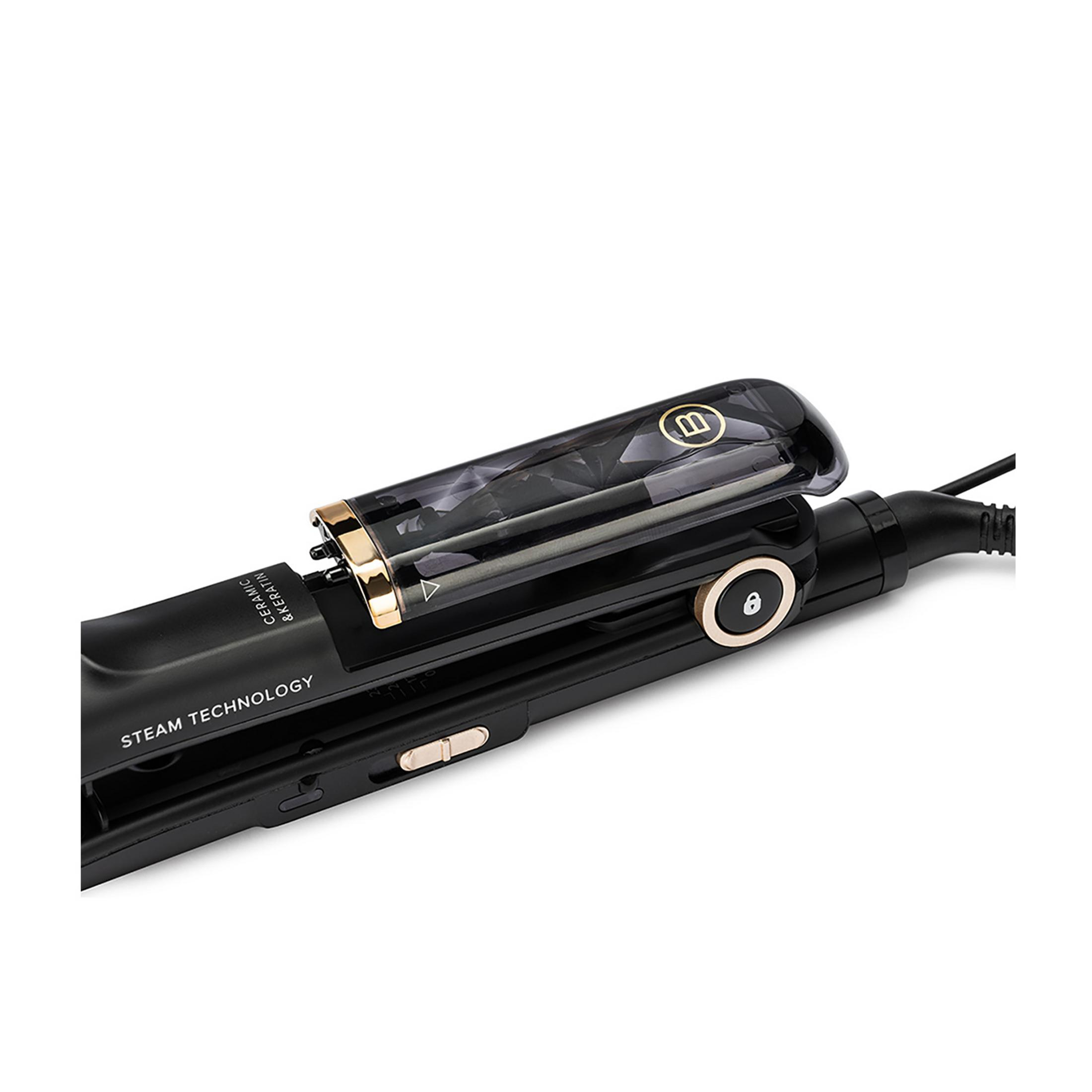 Czarna prostownica ze złotymi akcentami i technologią pary.