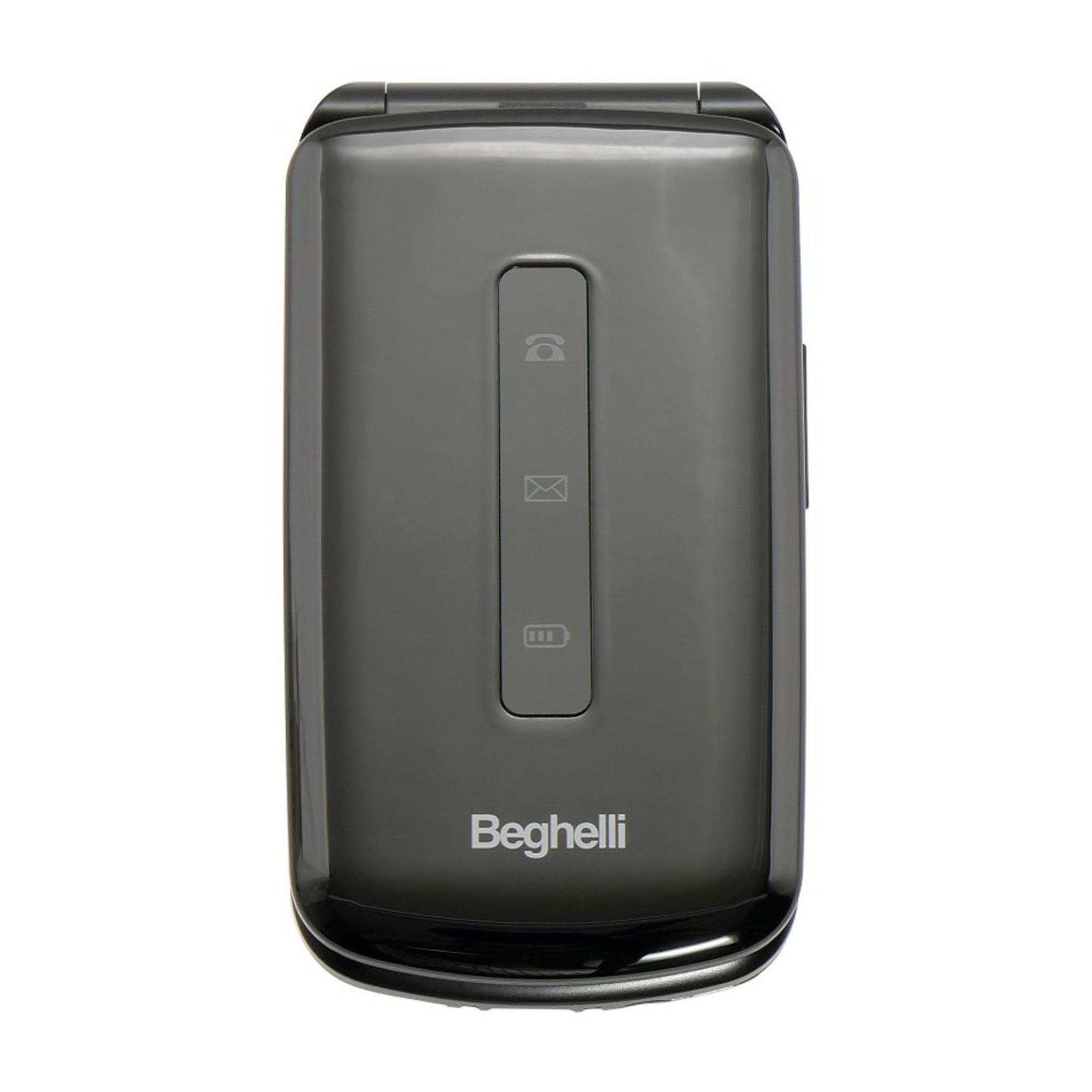 Zamknięty, ciemnoszary telefon klapkowy z ikonami telefonu, wiadomości i baterii.