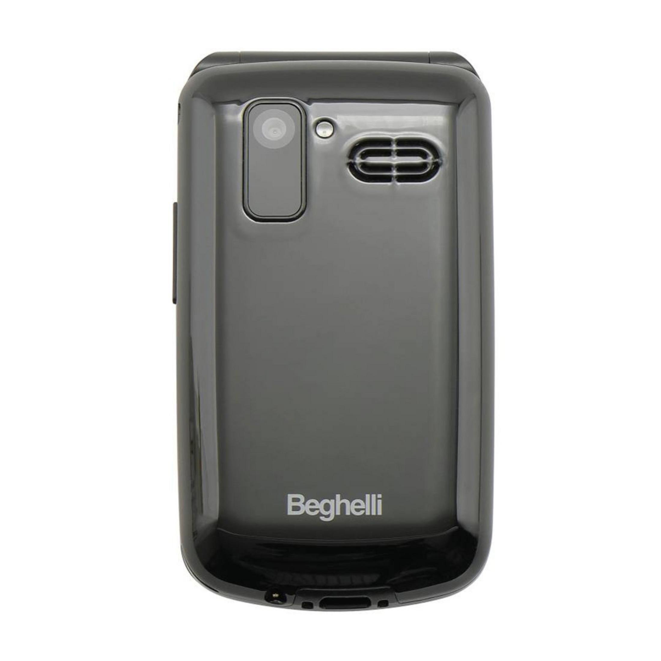 Ciemny telefon klapkowy z aparatem i głośnikiem.