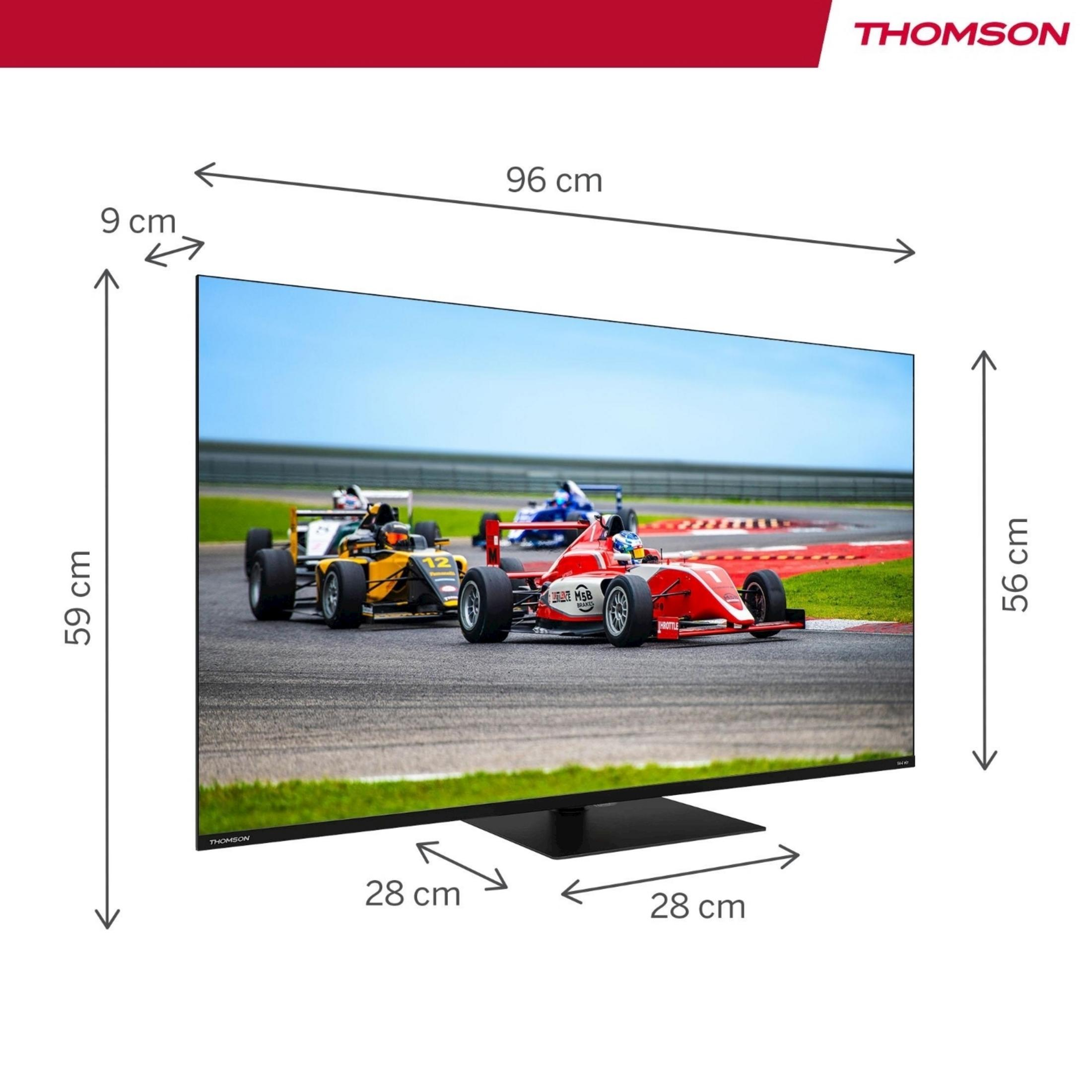 A car race displayed on a TV screen with dimensions.