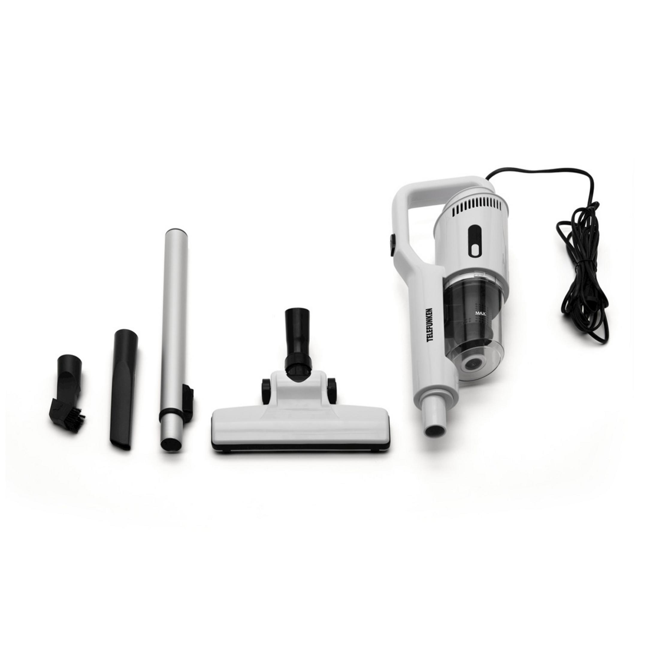 Biały odkurzacz ręczny z akcesoriami na białym tle.