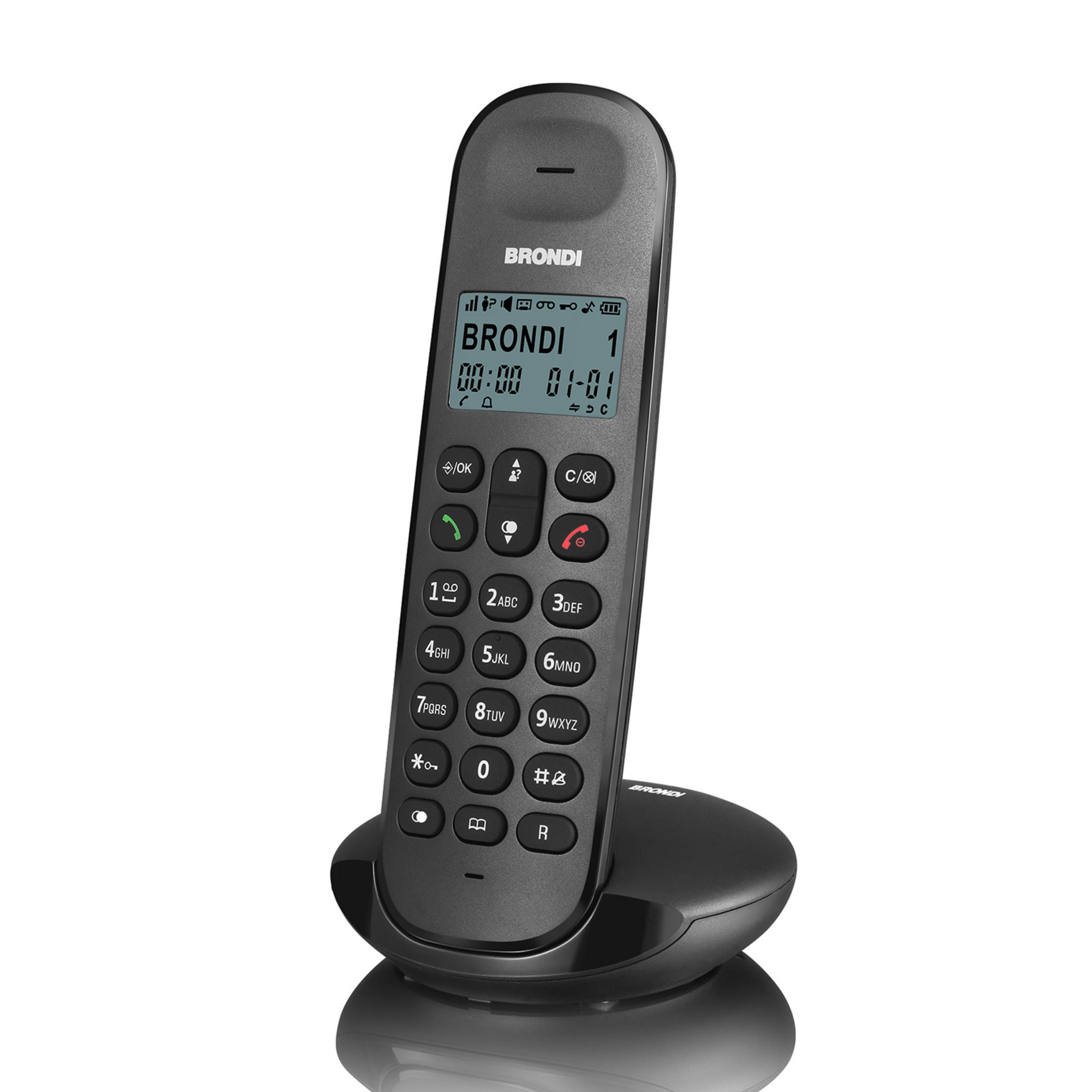 Ein schwarzes schnurloses Telefon mit Ladebasis, das auf einer weißen Oberfläche steht.