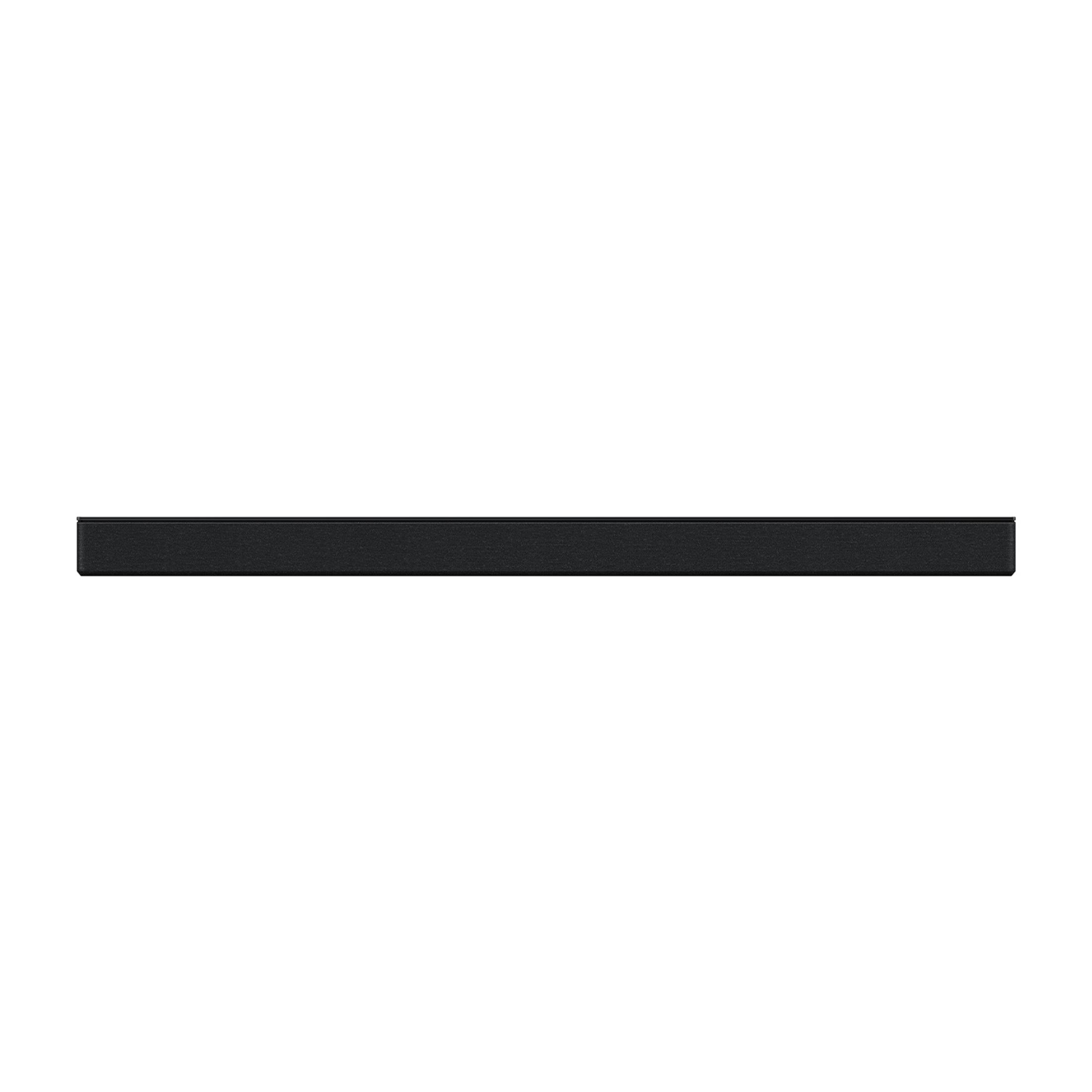 Ein schlankes, schwarzes Soundbar-Gerät, das auf einem weißen Hintergrund isoliert ist.