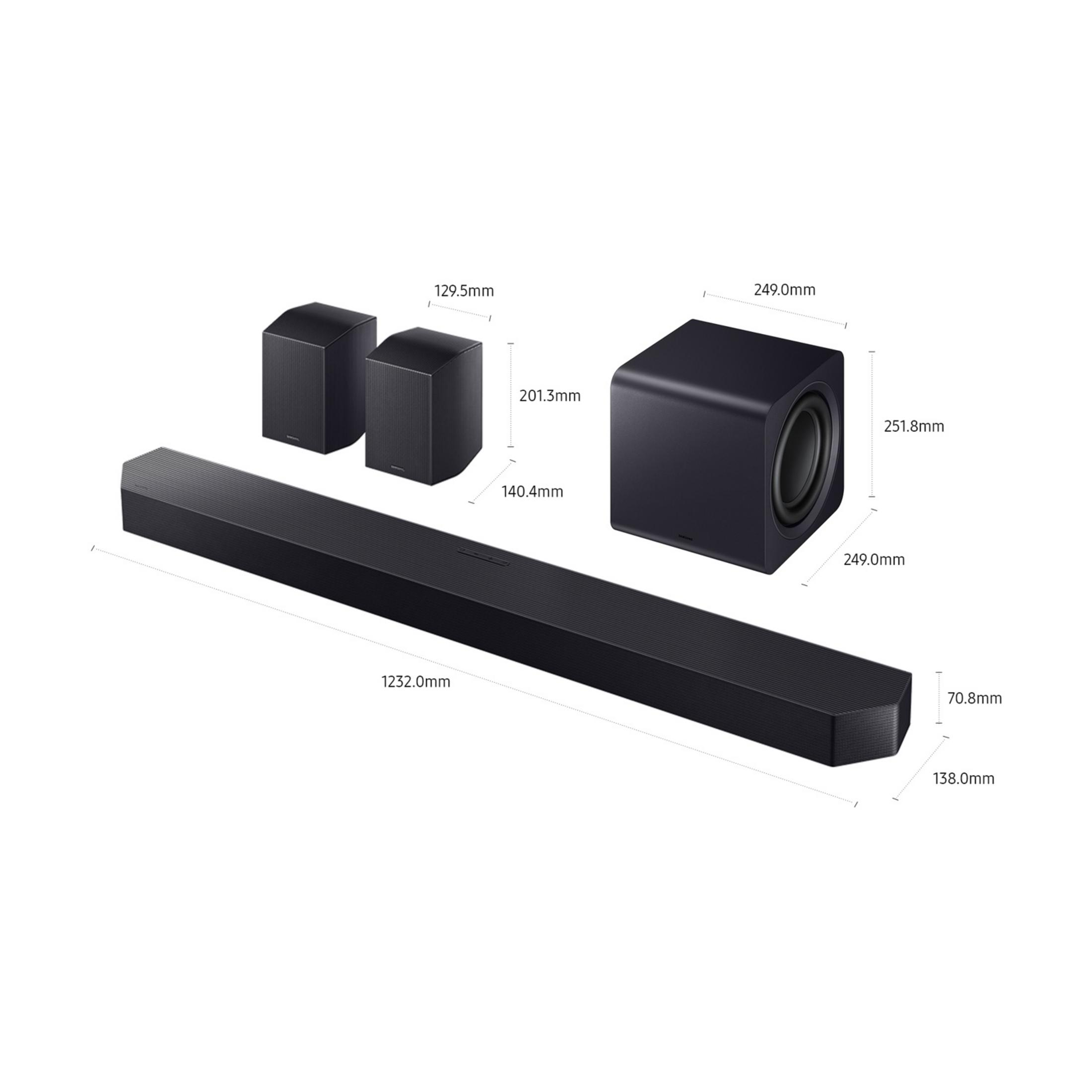 Czarny system dźwiękowy z subwooferem i dwoma głośnikami satelitarnymi.